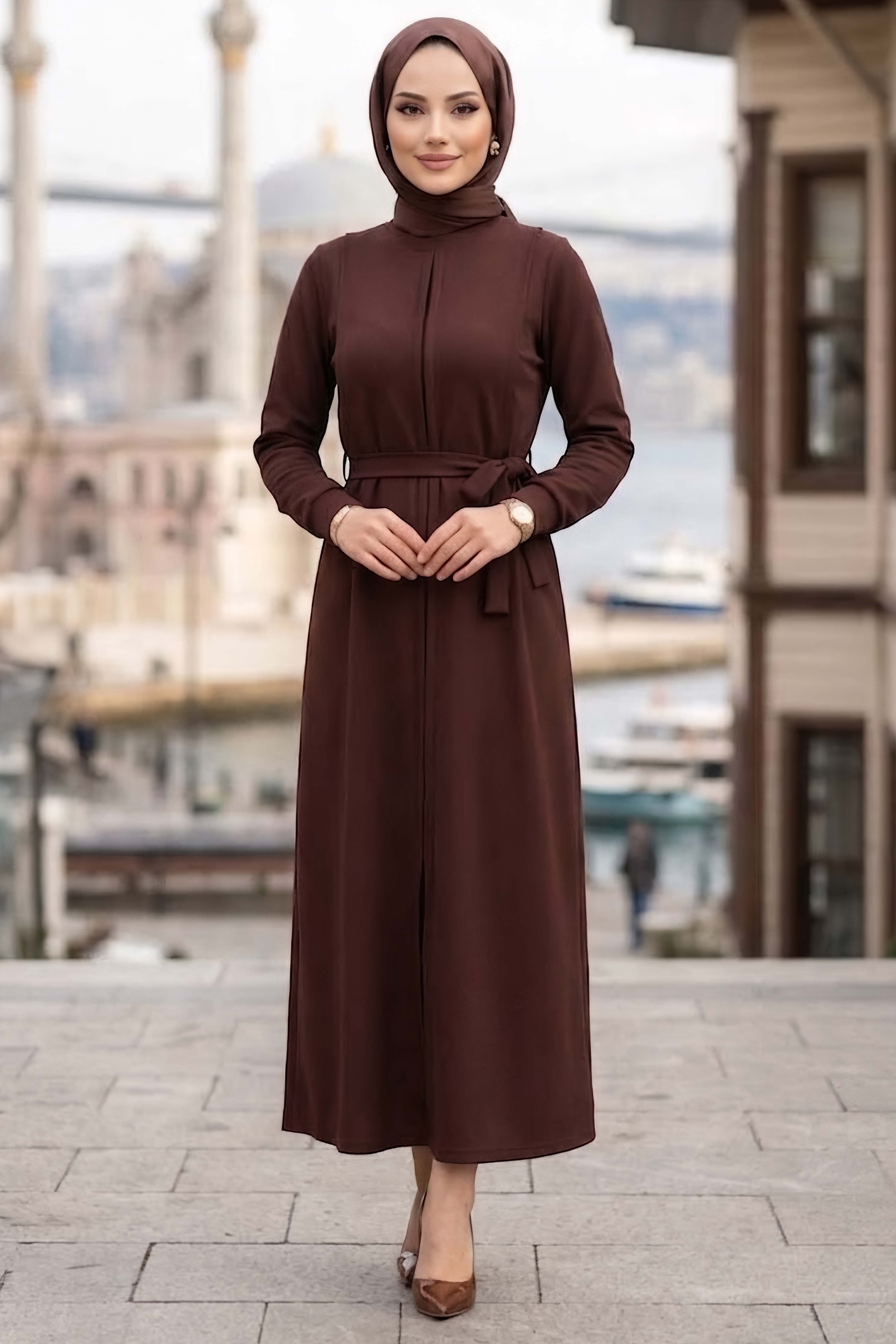 Pile Detaylı Kemerli Oysh Modal Elbise Kahve - 1116-KAHVE - 2
