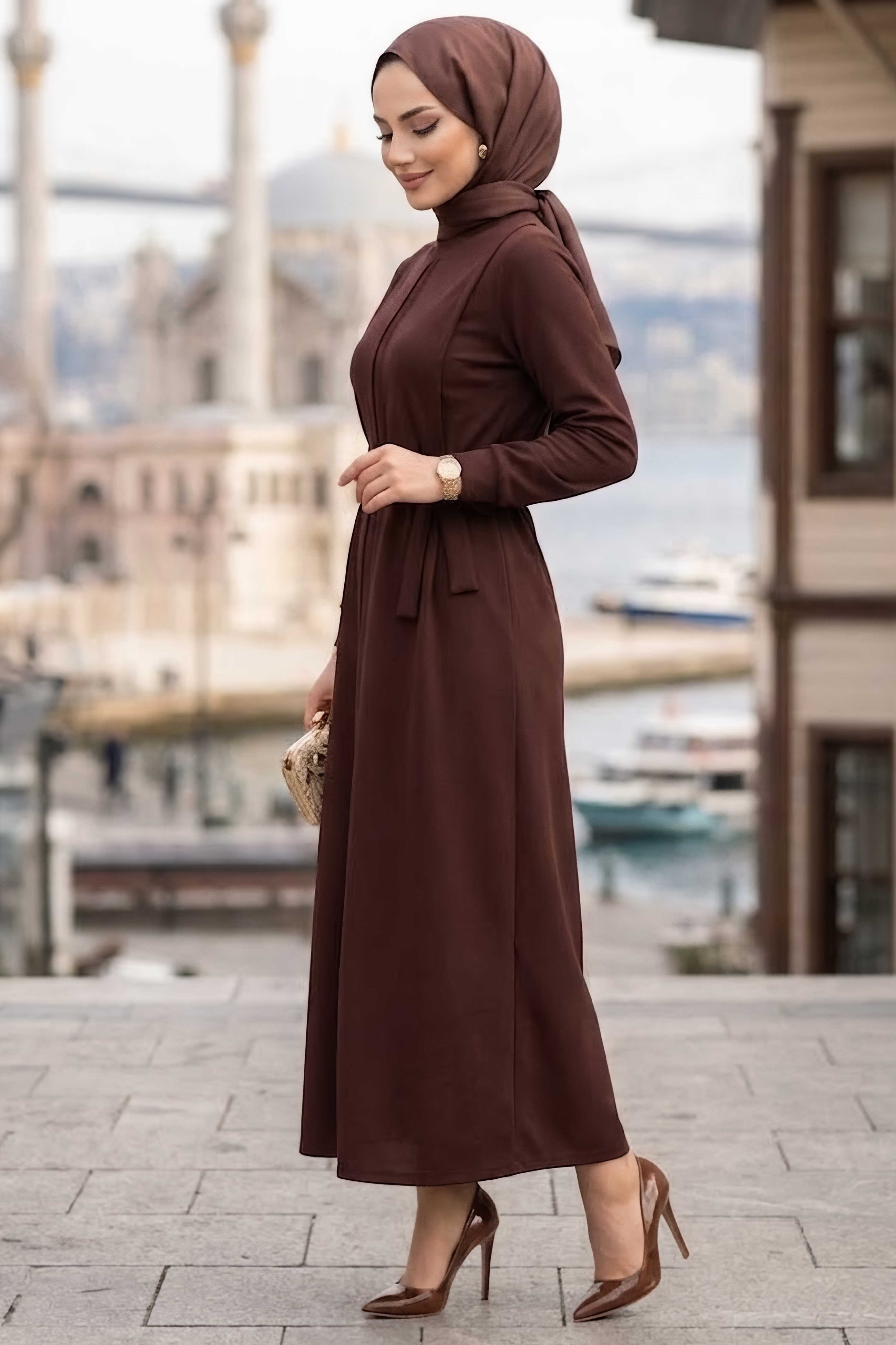 Pile Detaylı Kemerli Oysh Modal Elbise Kahve - 1116-KAHVE - 3