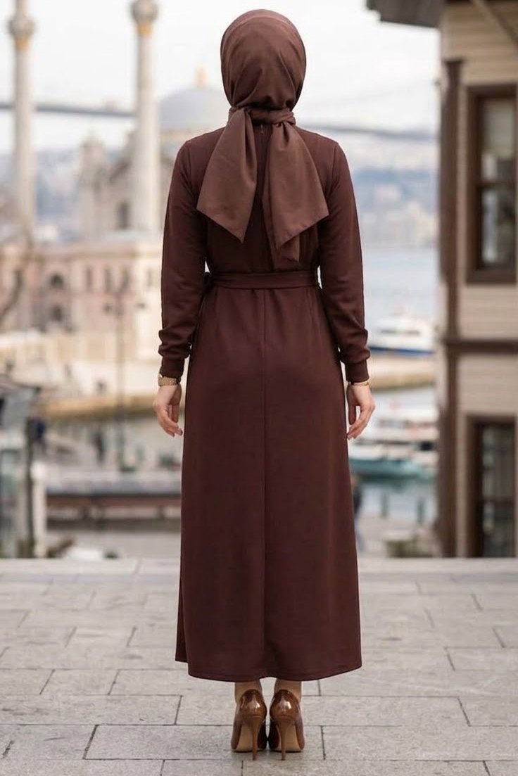 Pile Detaylı Kemerli Oysh Modal Elbise Kahve - 1116-KAHVE - 4