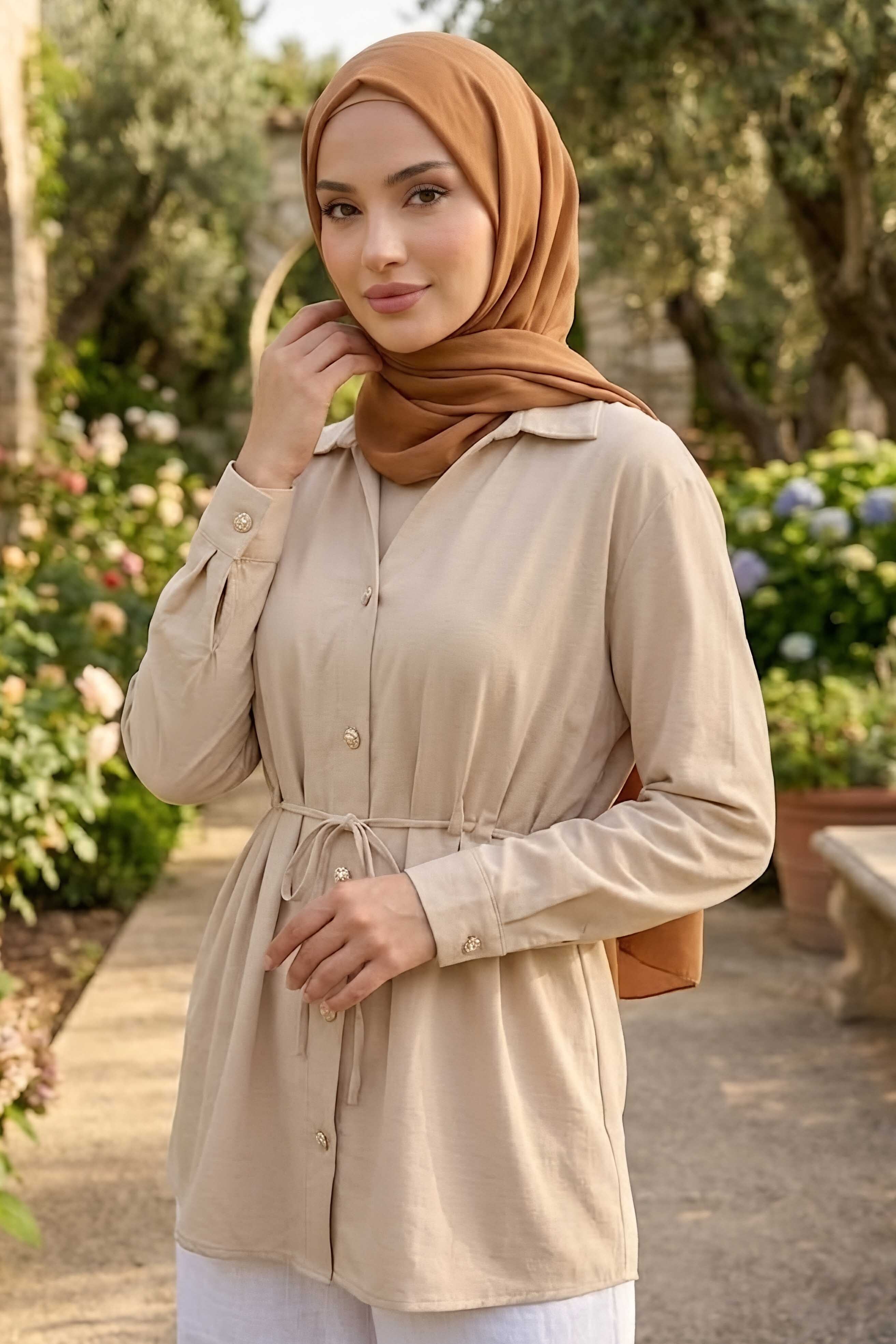 Pile Detaylı Tunik Krem - 28724-KREM - 1