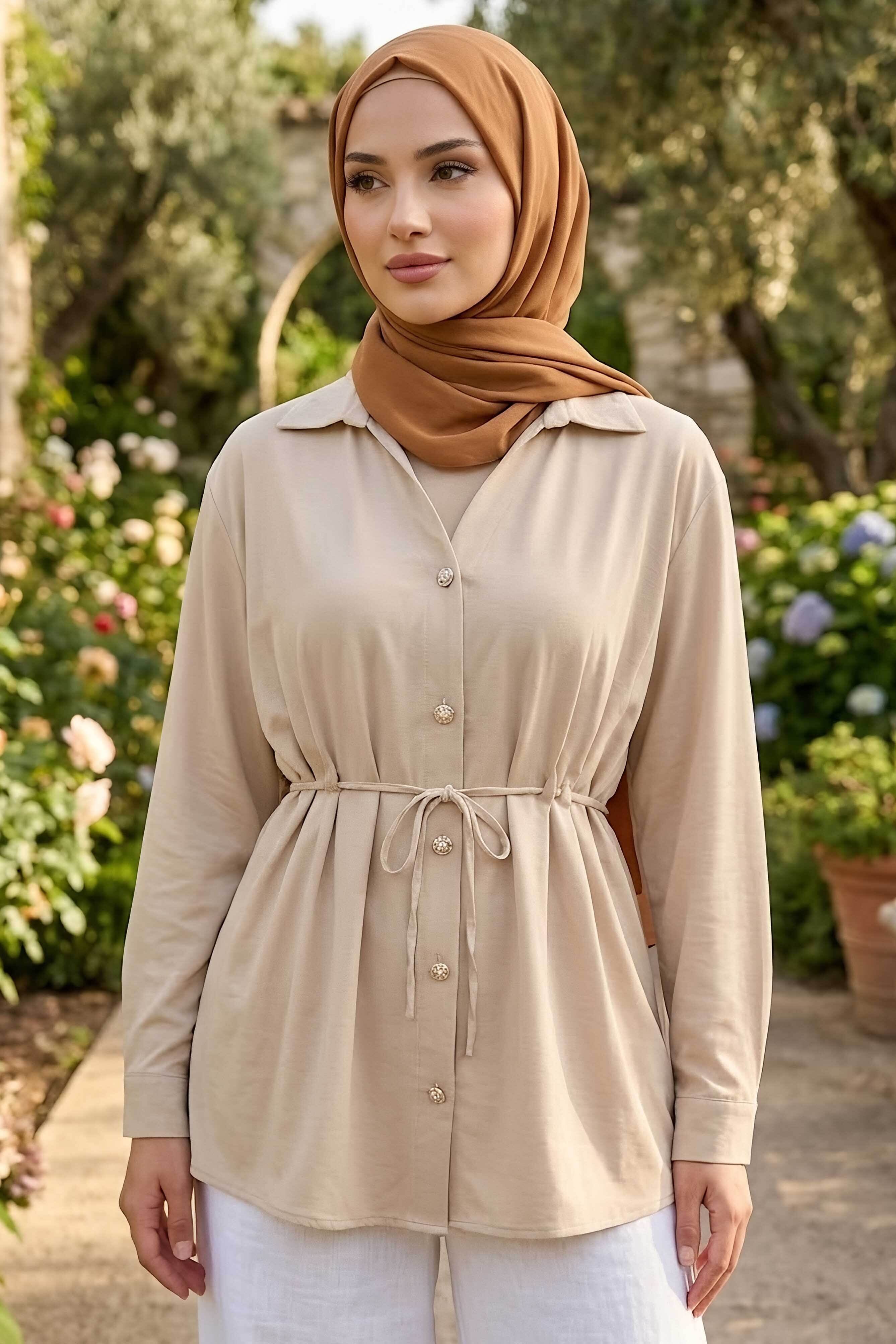 Pile Detaylı Tunik Krem - 28724-KREM - 2