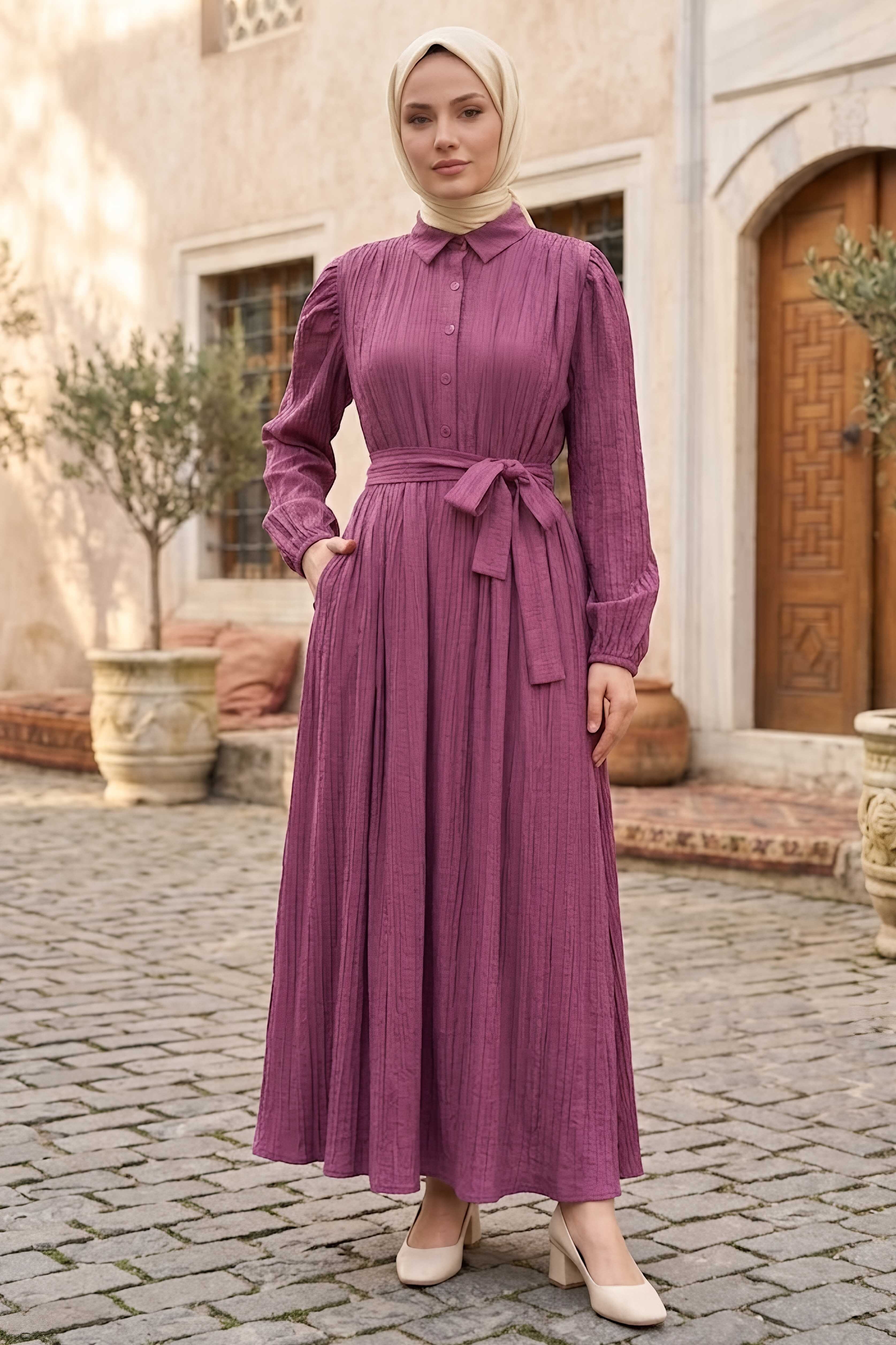 Pileli Cepli Ve Kuşaklı Elbise Mürdüm - 28503-MURDUM - 1