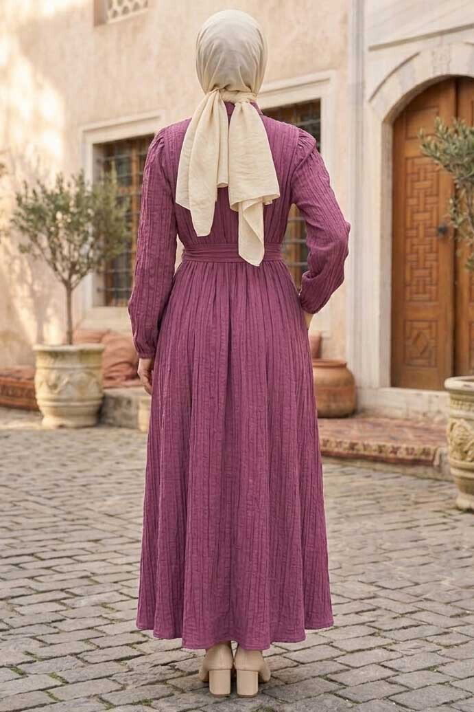 Pileli Cepli Ve Kuşaklı Elbise Mürdüm - 28503-MURDUM - 3