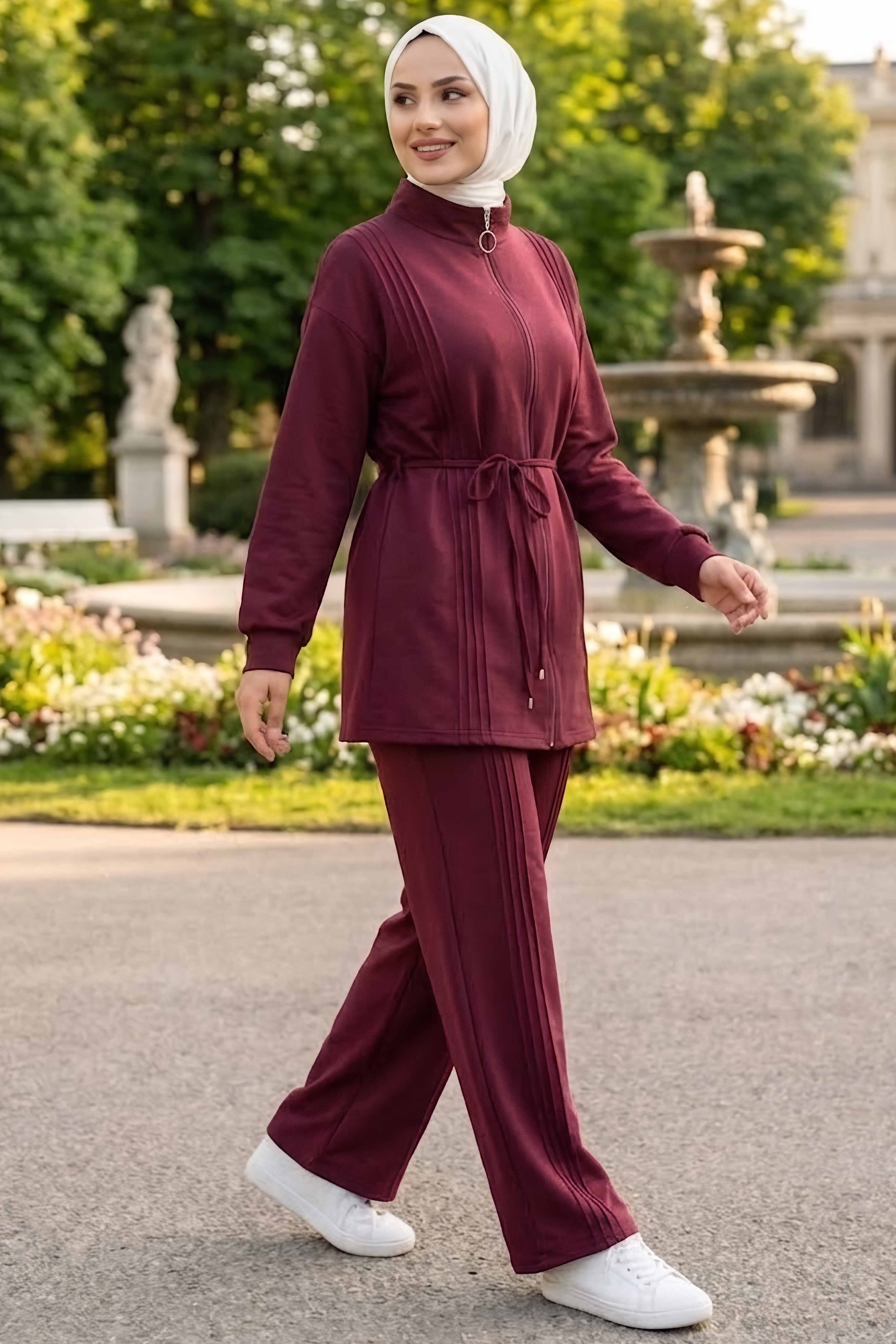 Pileli Oysh Modal Takım Bordo - 28922-BORDO - 2