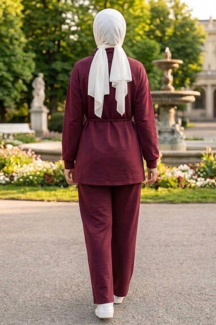 Pileli Oysh Modal Takım Bordo - 28922-BORDO - 3