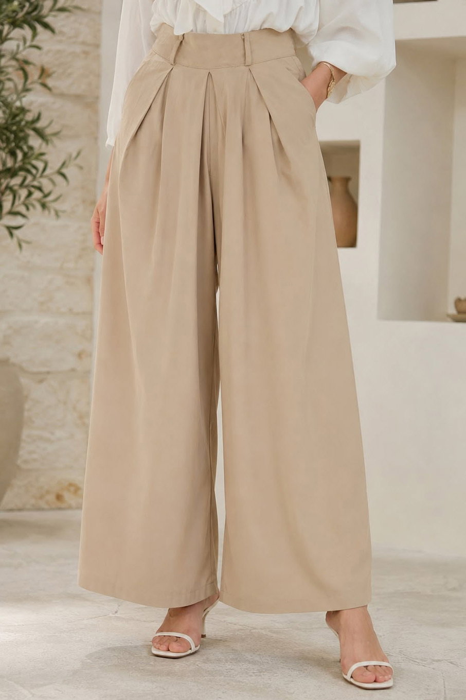 Pileli Salaş Pantolon Bej - 28653-BEJ - 2