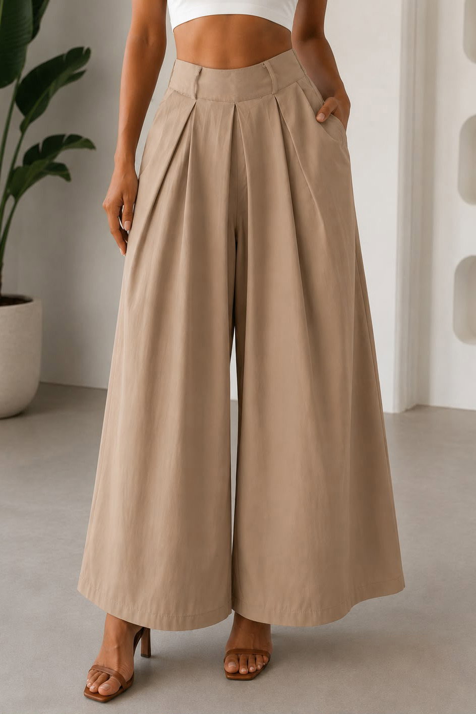Pileli Salaş Pantolon Bej - 28653-BEJ - 2