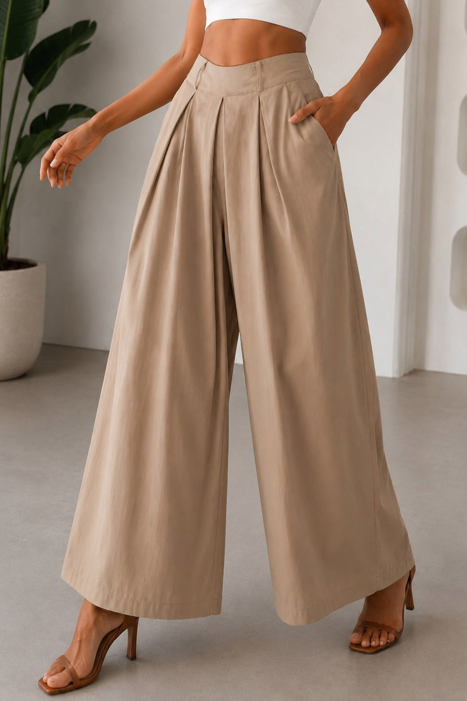 Pileli Salaş Pantolon Bej - 28653-BEJ - 1