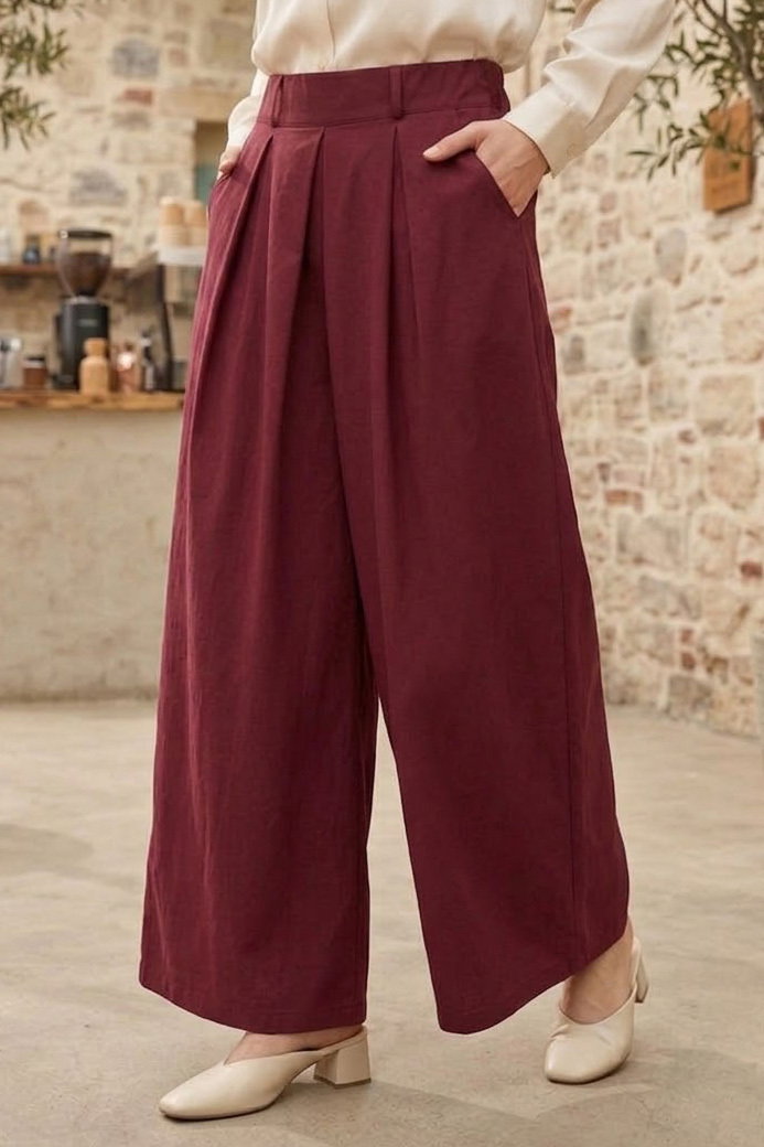 Pileli Salaş Pantolon Bordo - 28653-BORDO - 1