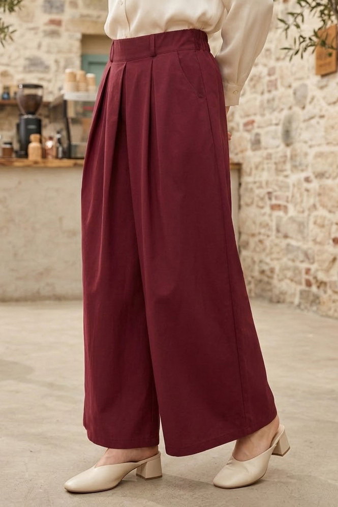Pileli Salaş Pantolon Bordo - 28653-BORDO - 2