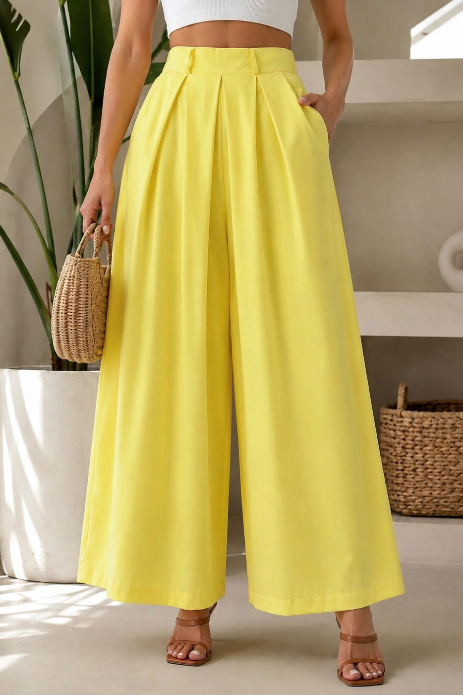 Pileli Salaş Pantolon Sari - 28653-SARI - 1
