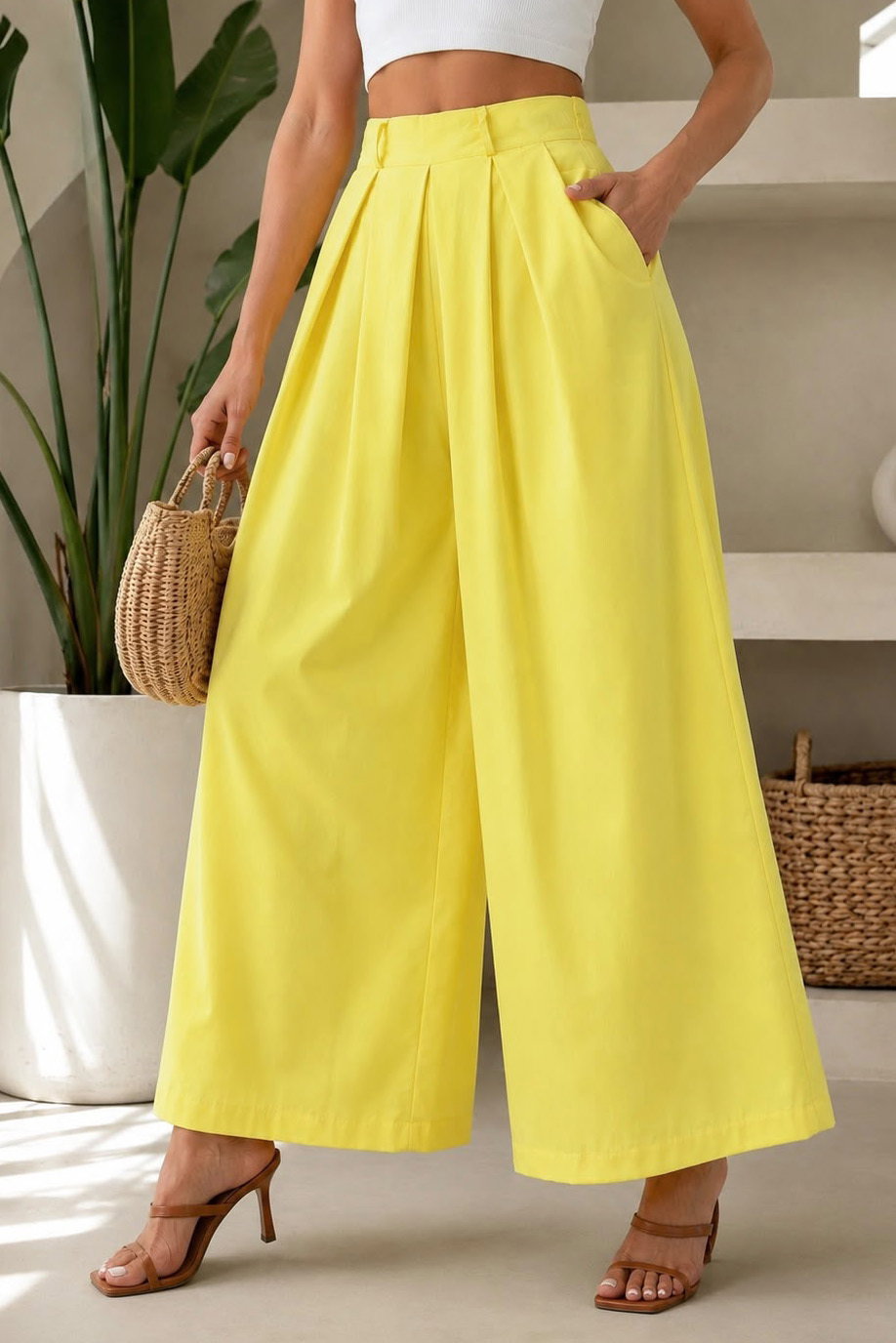 Pileli Salaş Pantolon Sari - 28653-SARI - 2