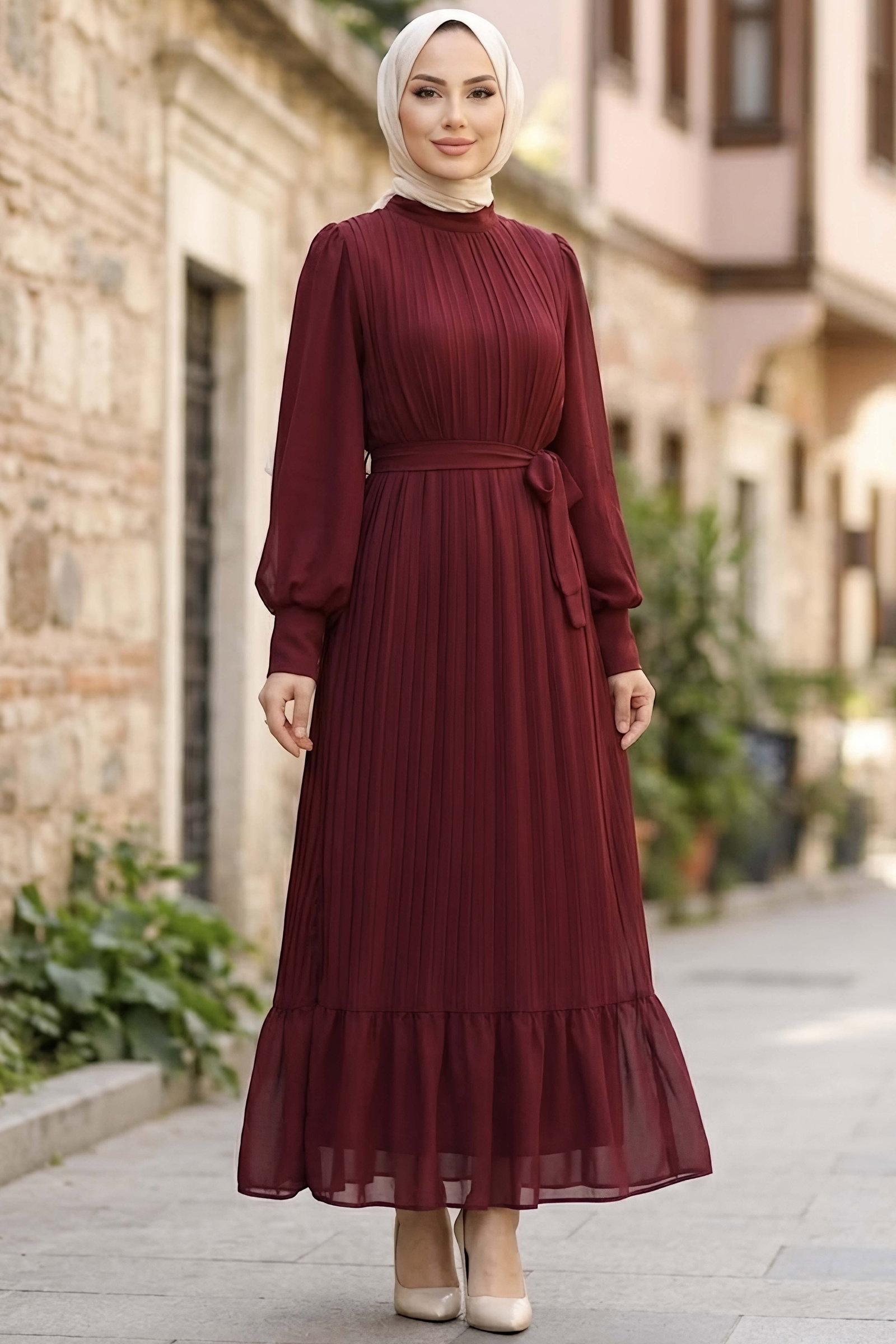 Pileli Şifon Abiye Elbise Bordo - 29208-BORDO - 1