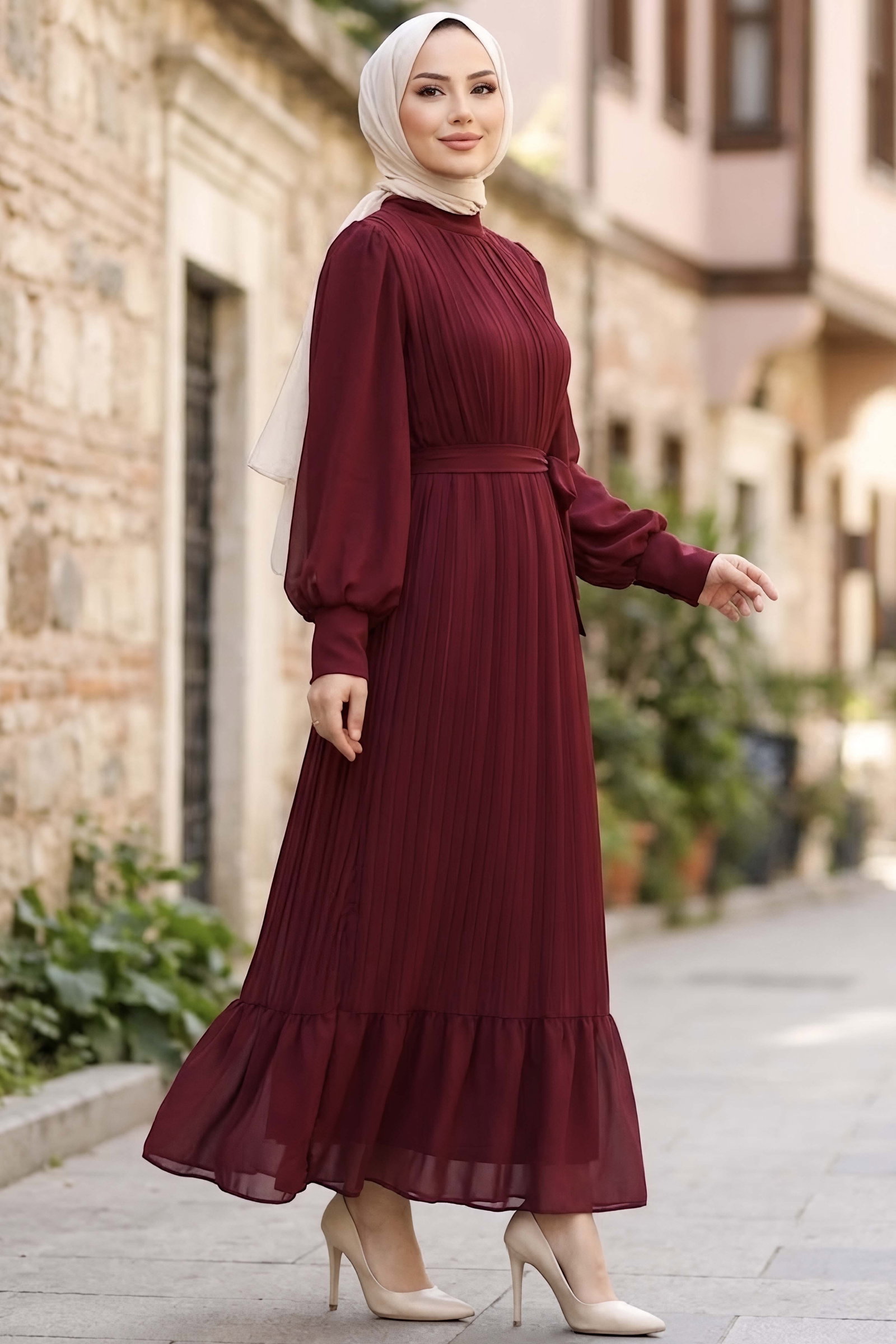 Pileli Şifon Abiye Elbise Bordo - 29208-BORDO - 2
