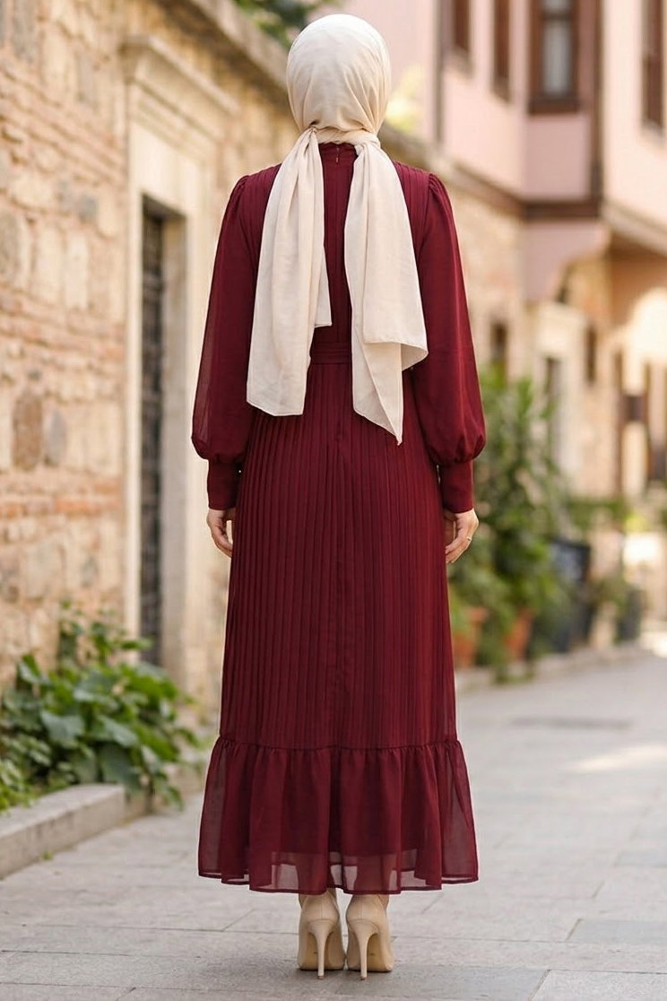 Pileli Şifon Abiye Elbise Bordo - 29208-BORDO - 3