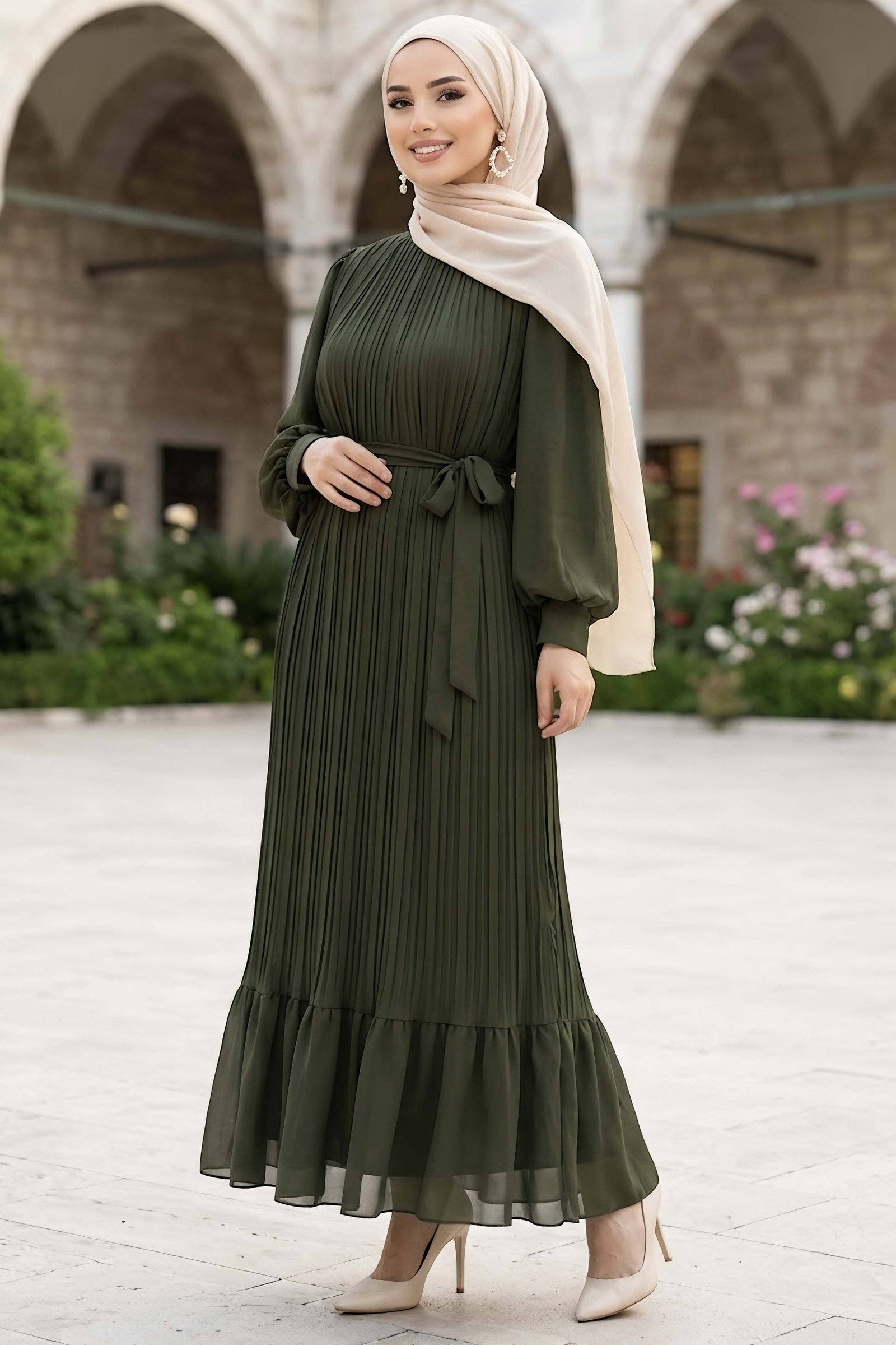 Pileli Şifon Abiye Elbise Haki - 29208-HAKI - 1