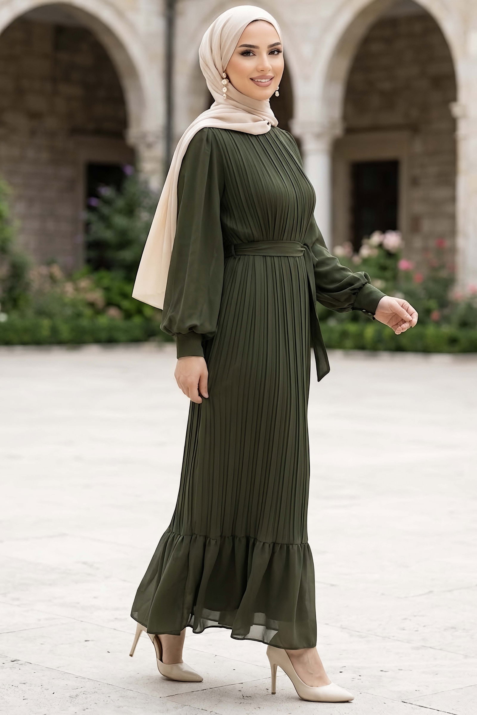 Pileli Şifon Abiye Elbise Haki - 29208-HAKI - 2