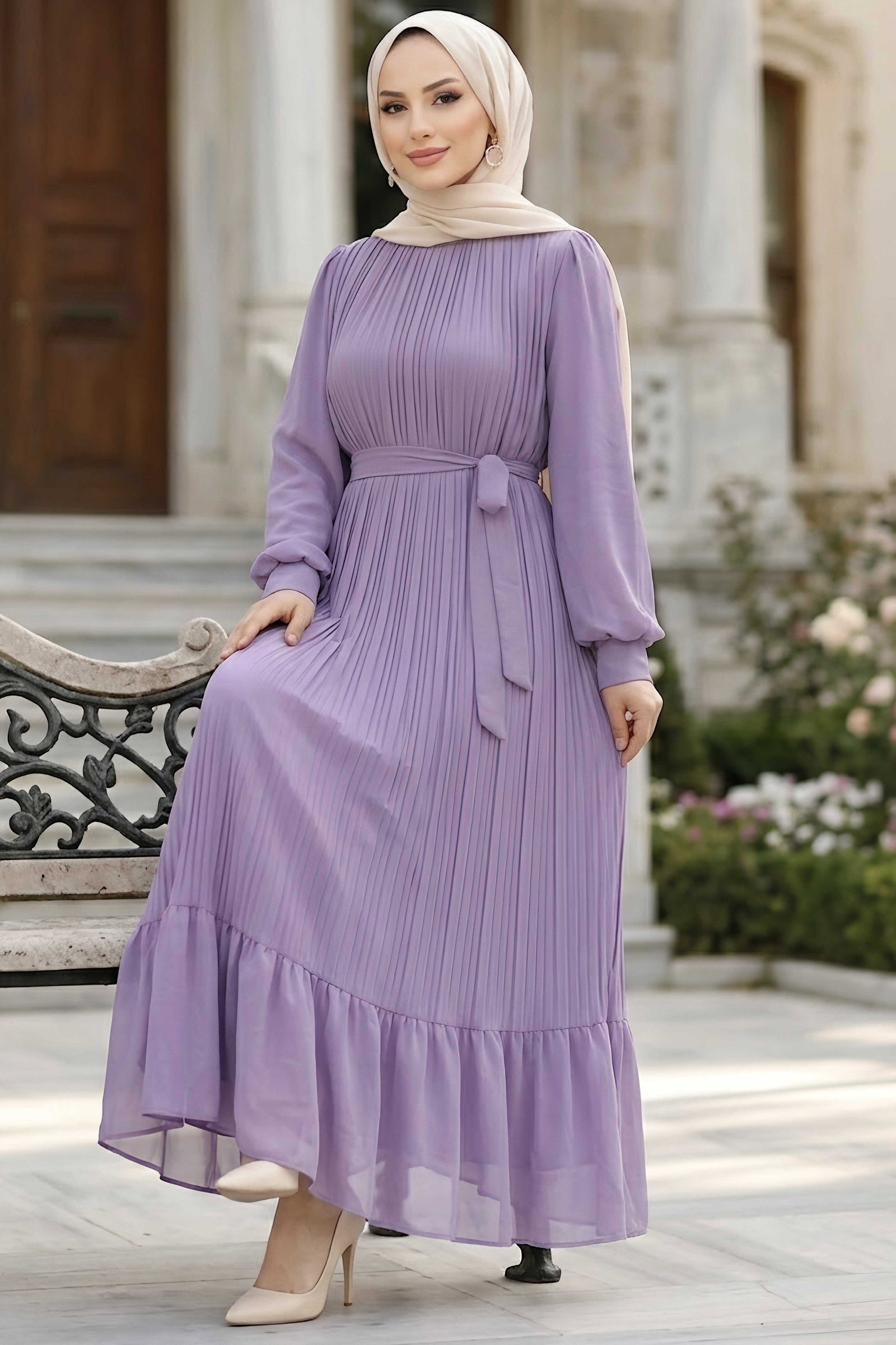 Pileli Şifon Abiye Elbise Lila - 29208-LILA - 1