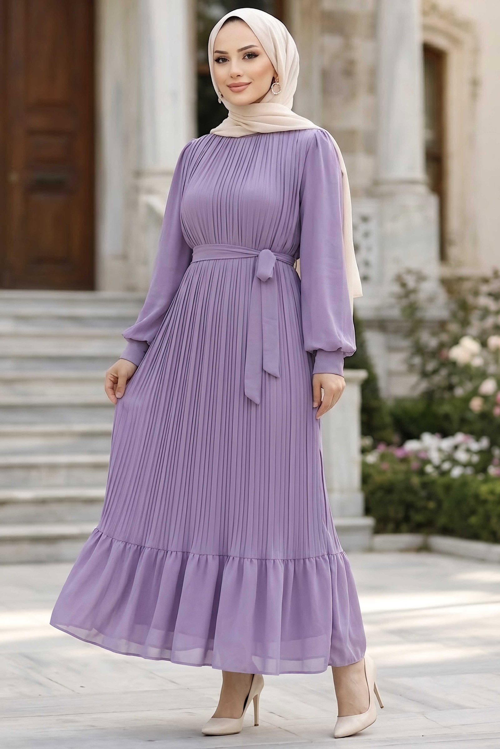 Pileli Şifon Abiye Elbise Lila - 29208-LILA - 2