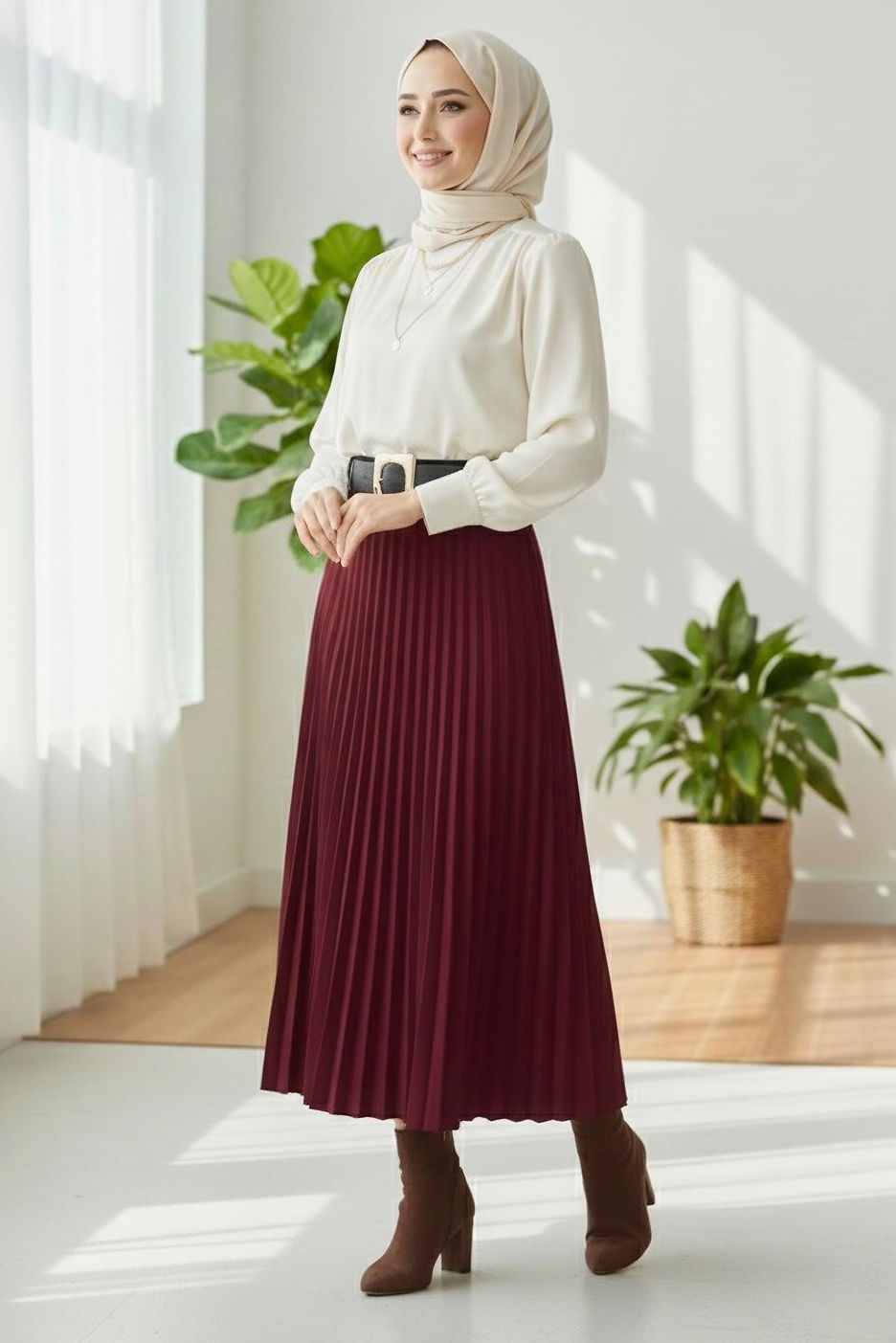 Piliseli Kemerli Süet Etek - 28092-BORDO - 2