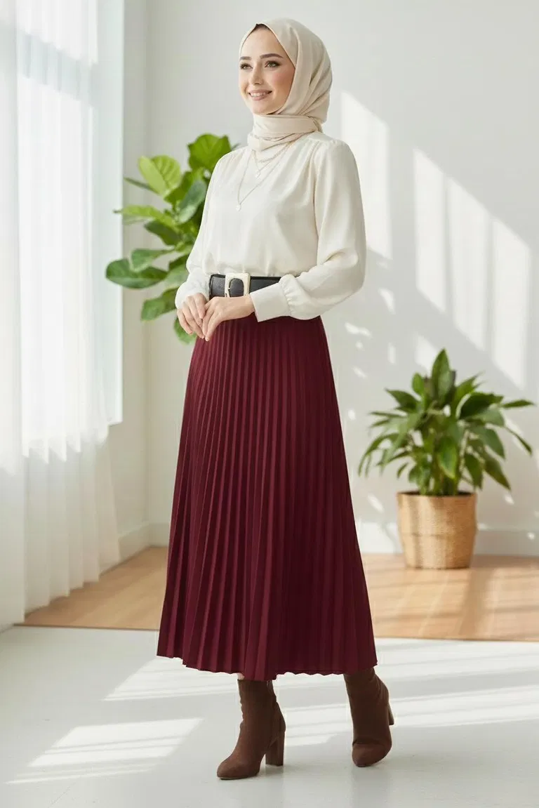 Piliseli Kemerli Süet Etek - 28092-BORDO - TOFİSA