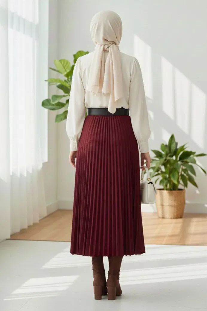 Piliseli Kemerli Süet Etek - 28092-BORDO - TOFİSA