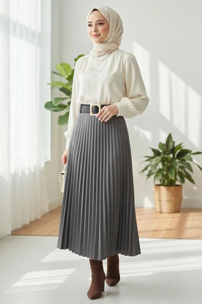 Piliseli Kemerli Süet Etek - 28092-FUME - TOFİSA