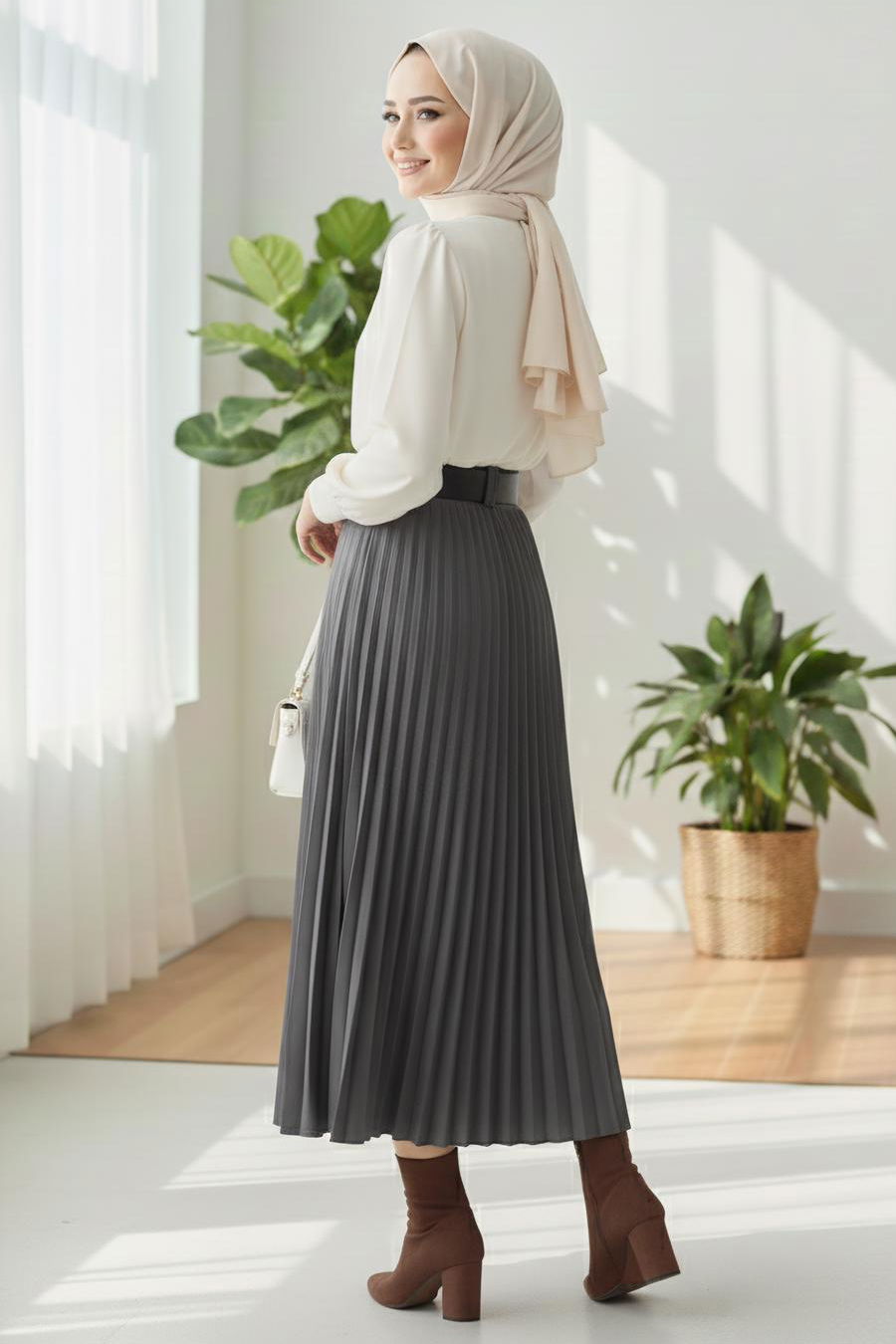 Piliseli Kemerli Süet Etek - 28092-FUME - 3