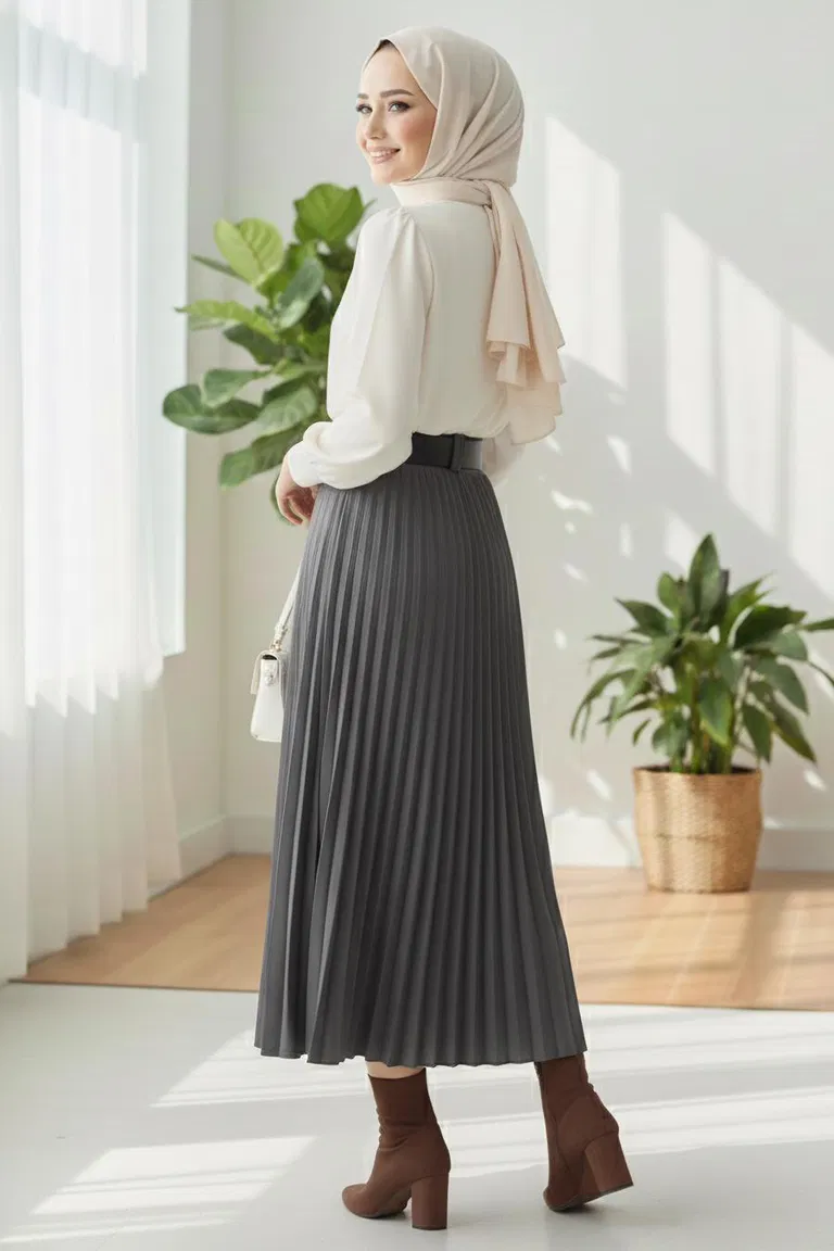 Piliseli Kemerli Süet Etek - 28092-FUME - TOFİSA