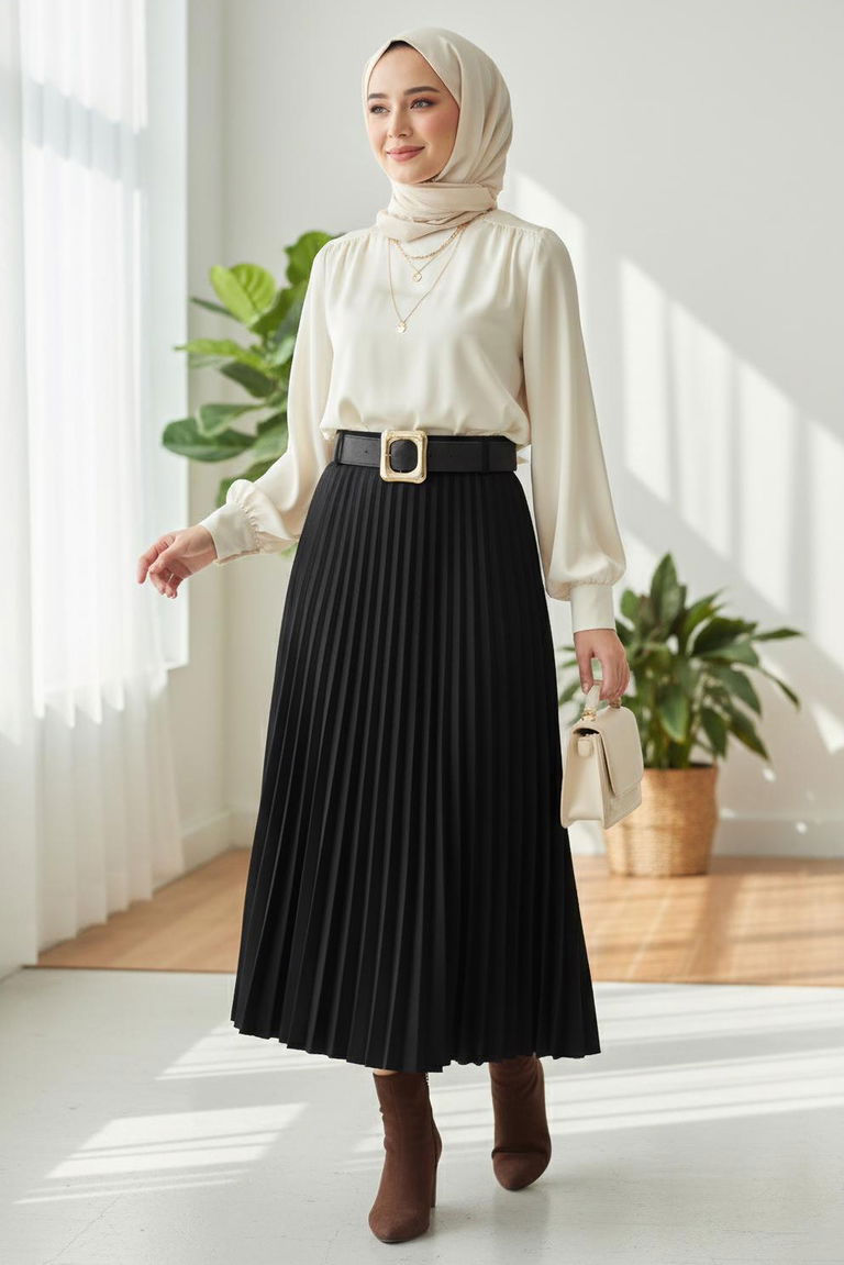 Piliseli Kemerli Süet Etek - 28092-SIYAH - TOFİSA