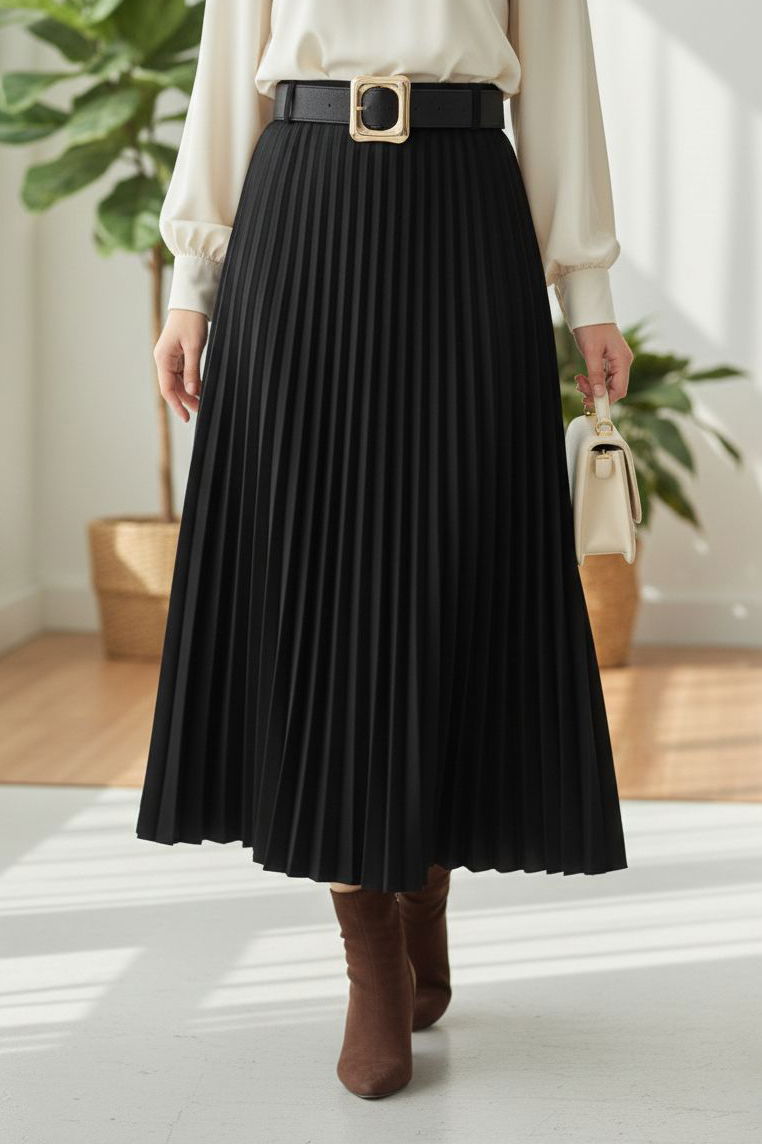 Piliseli Kemerli Süet Etek - 28092-SIYAH - 2