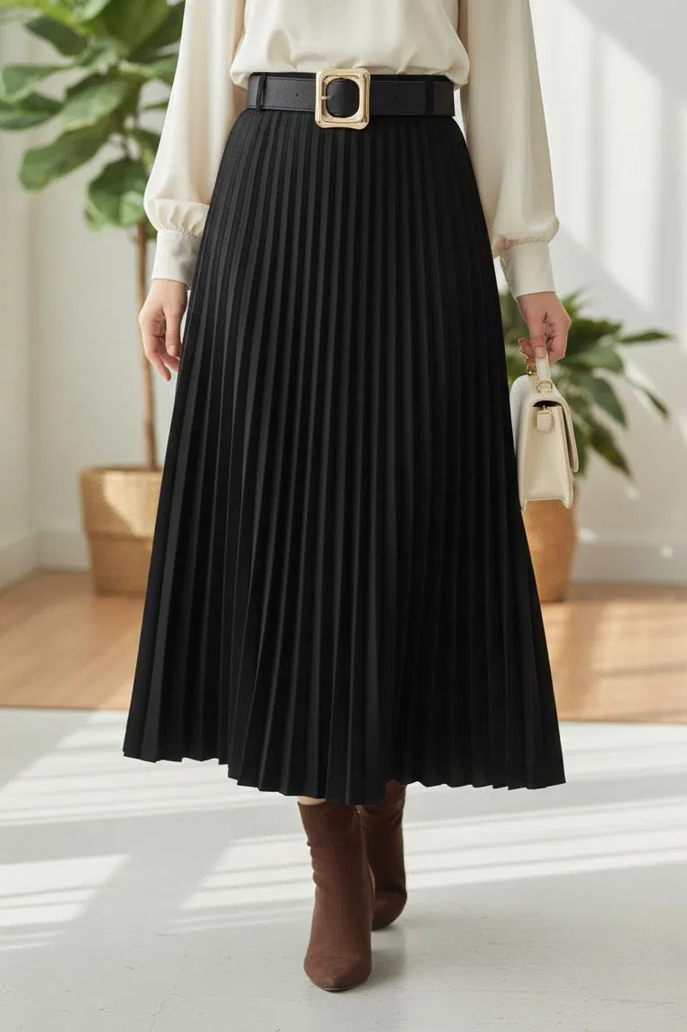 Piliseli Kemerli Süet Etek - 28092-SIYAH - TOFİSA