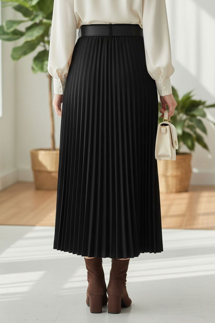 Piliseli Kemerli Süet Etek - 28092-SIYAH - 3