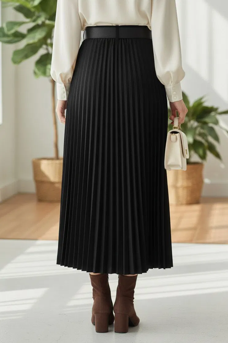 Piliseli Kemerli Süet Etek - 28092-SIYAH - TOFİSA