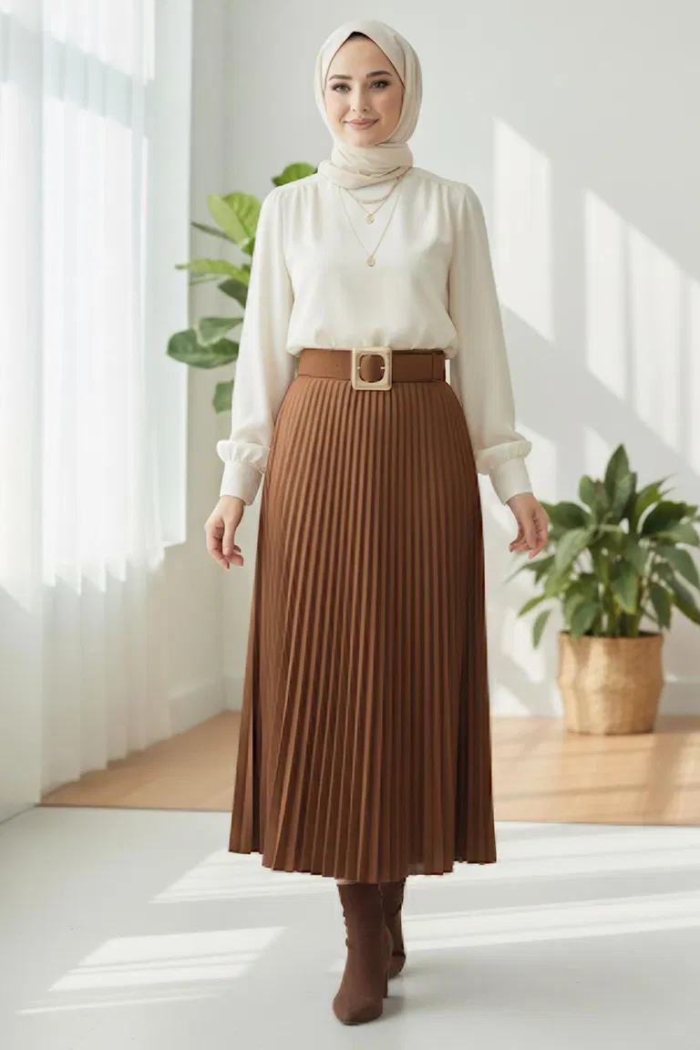 Piliseli Kemerli Süet Etek - 28092-TABA - TOFİSA