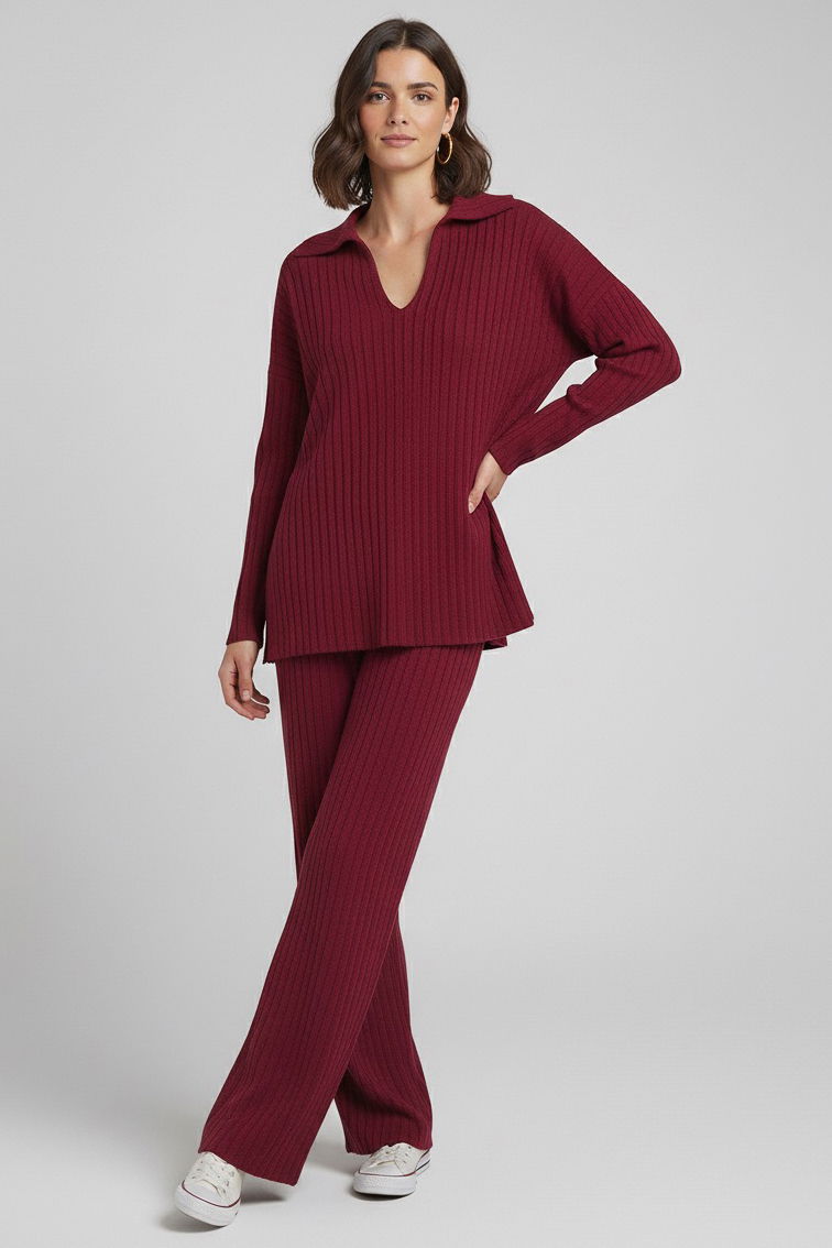 Polo Yaka Fitilli Kaşkorse İkili Takım - 27993-BORDO - 1