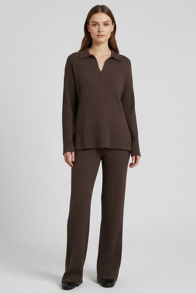 Polo Yaka Fitilli Kaşkorse İkili Takım - 27993-KAHVE 