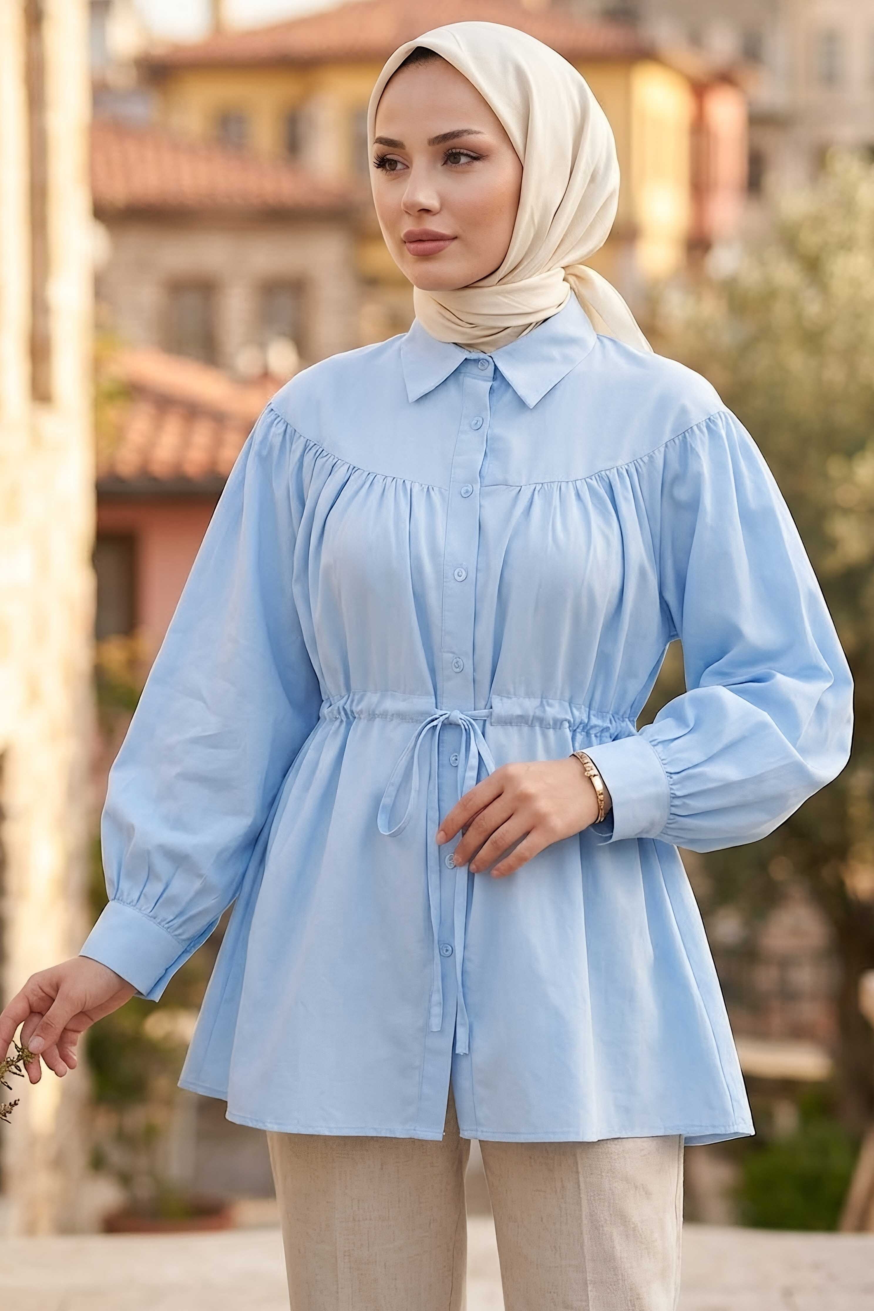 Poplin Tünelli Büzgülü Gömlek Bebe Mavi - 28698-BEBE-MAVI - 1