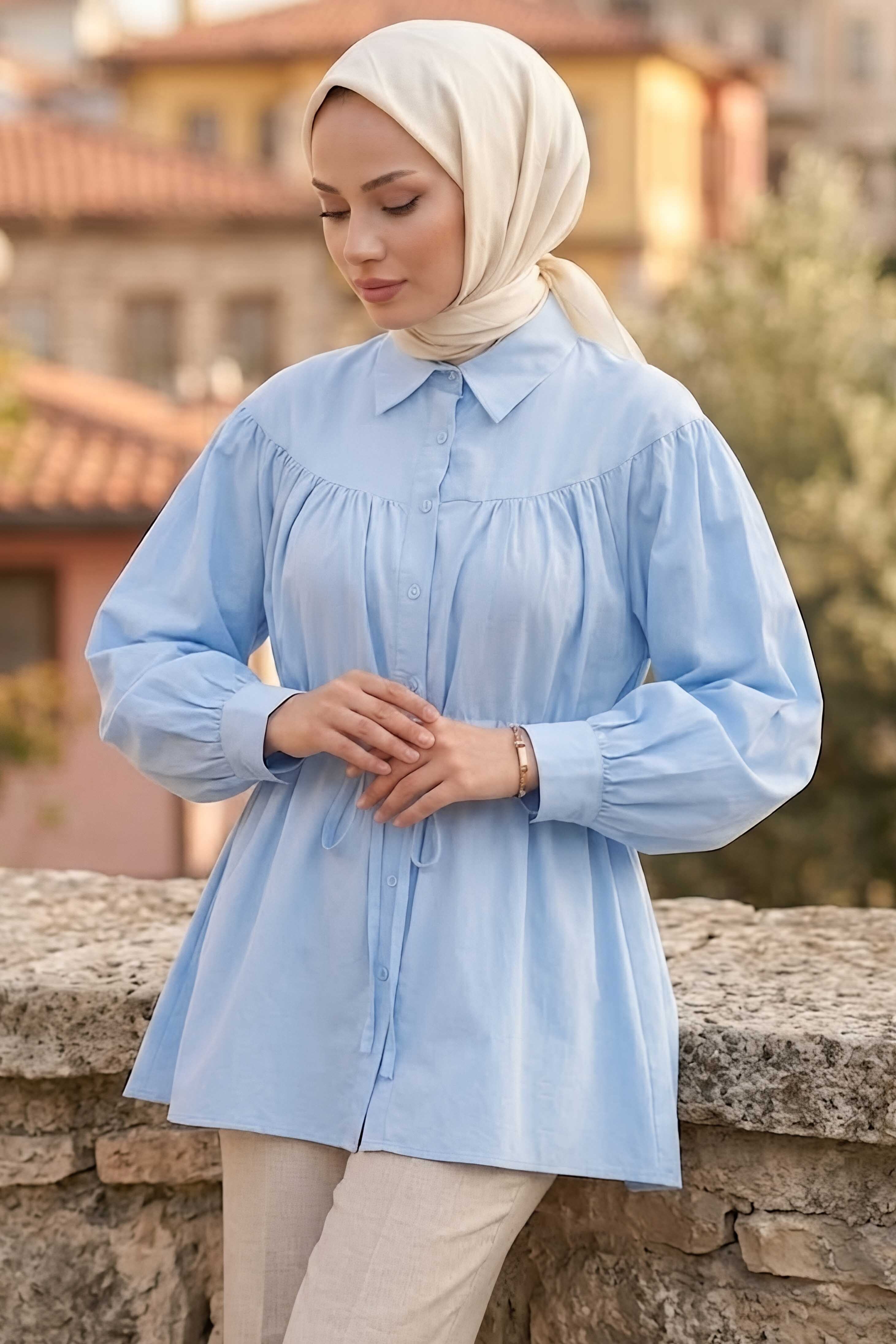 Poplin Tünelli Büzgülü Gömlek Bebe Mavi - 28698-BEBE-MAVI - 2