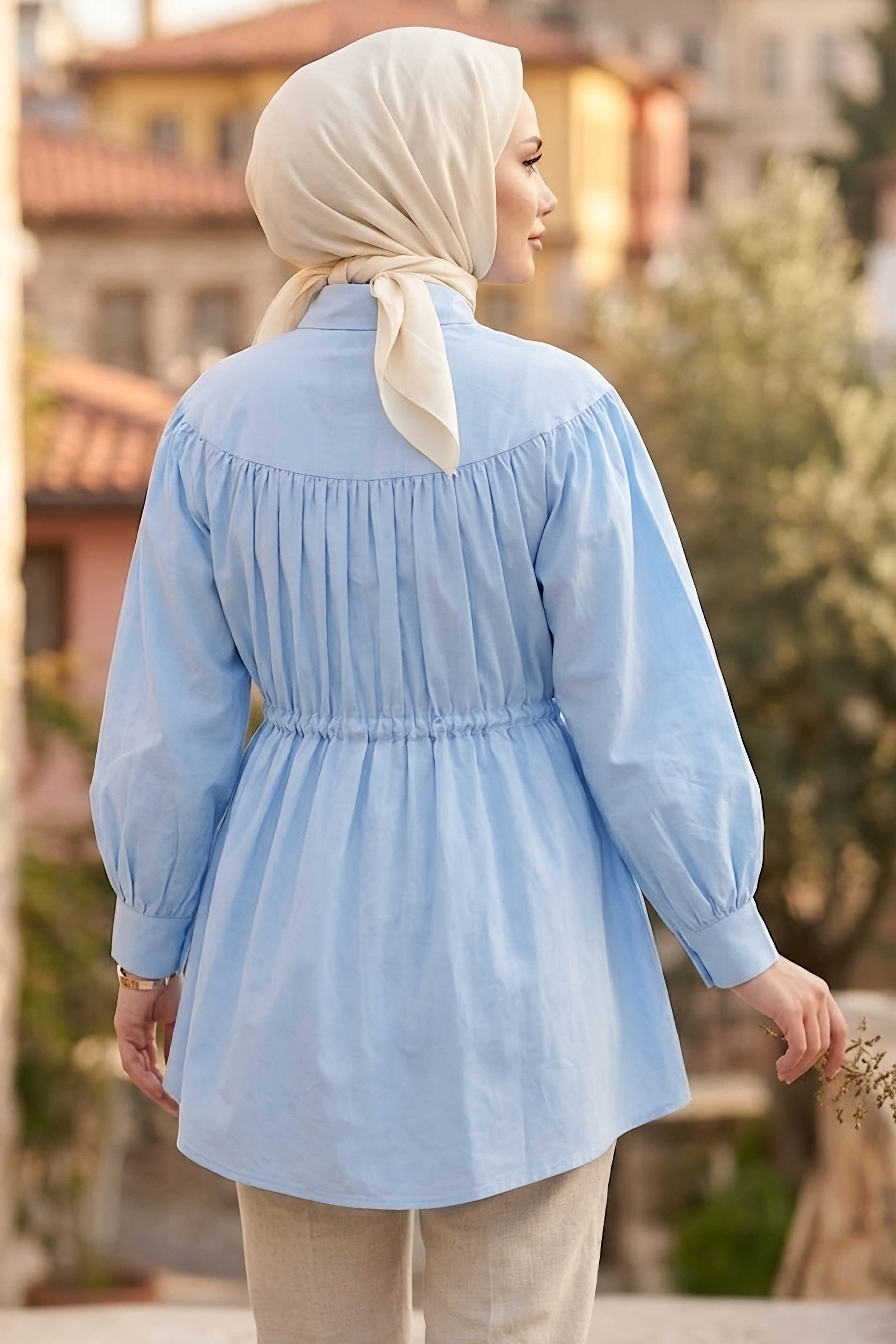 Poplin Tünelli Büzgülü Gömlek Bebe Mavi - 28698-BEBE-MAVI - 3