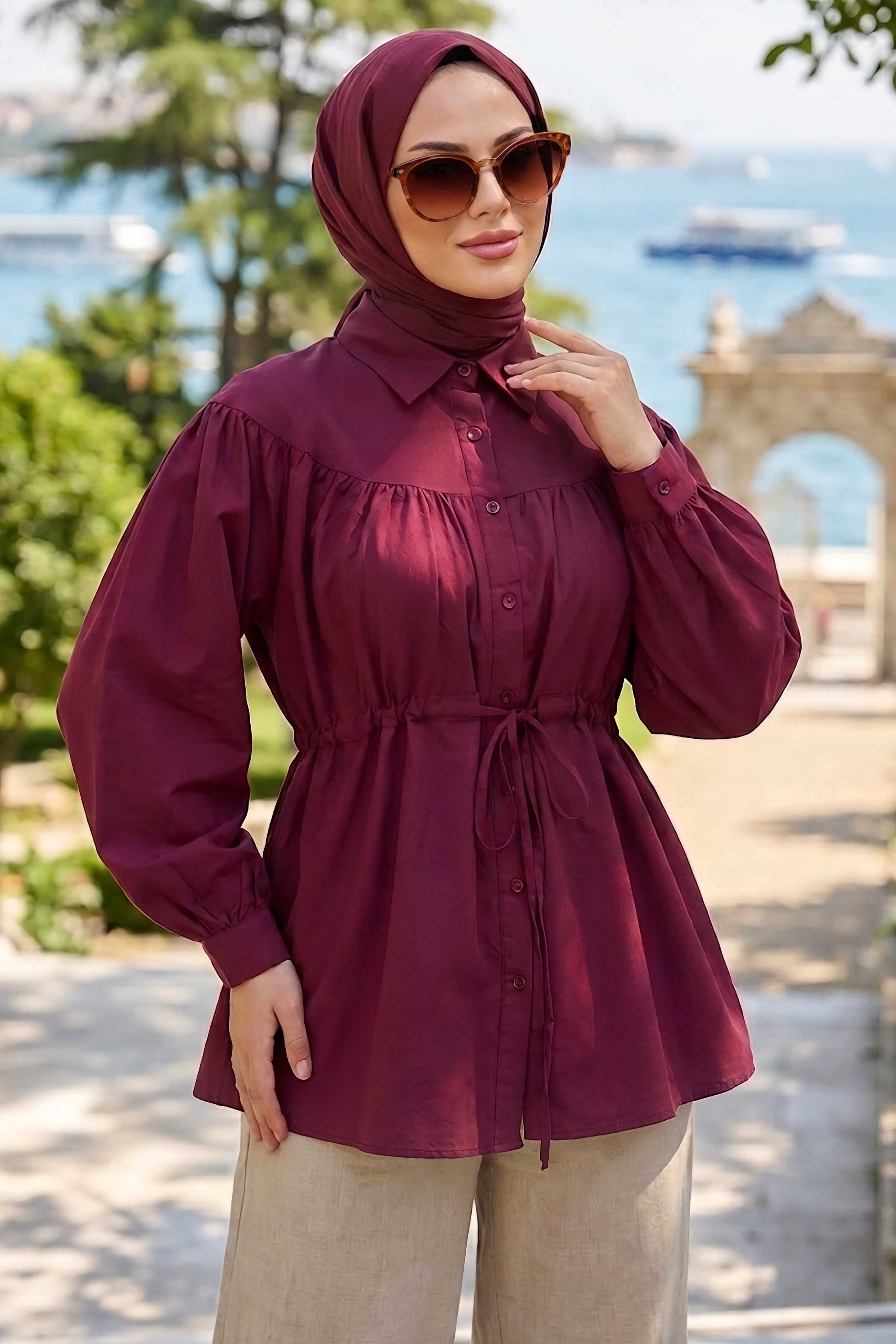 Poplin Tünelli Büzgülü Gömlek Bordo - 28698-BORDO - 1
