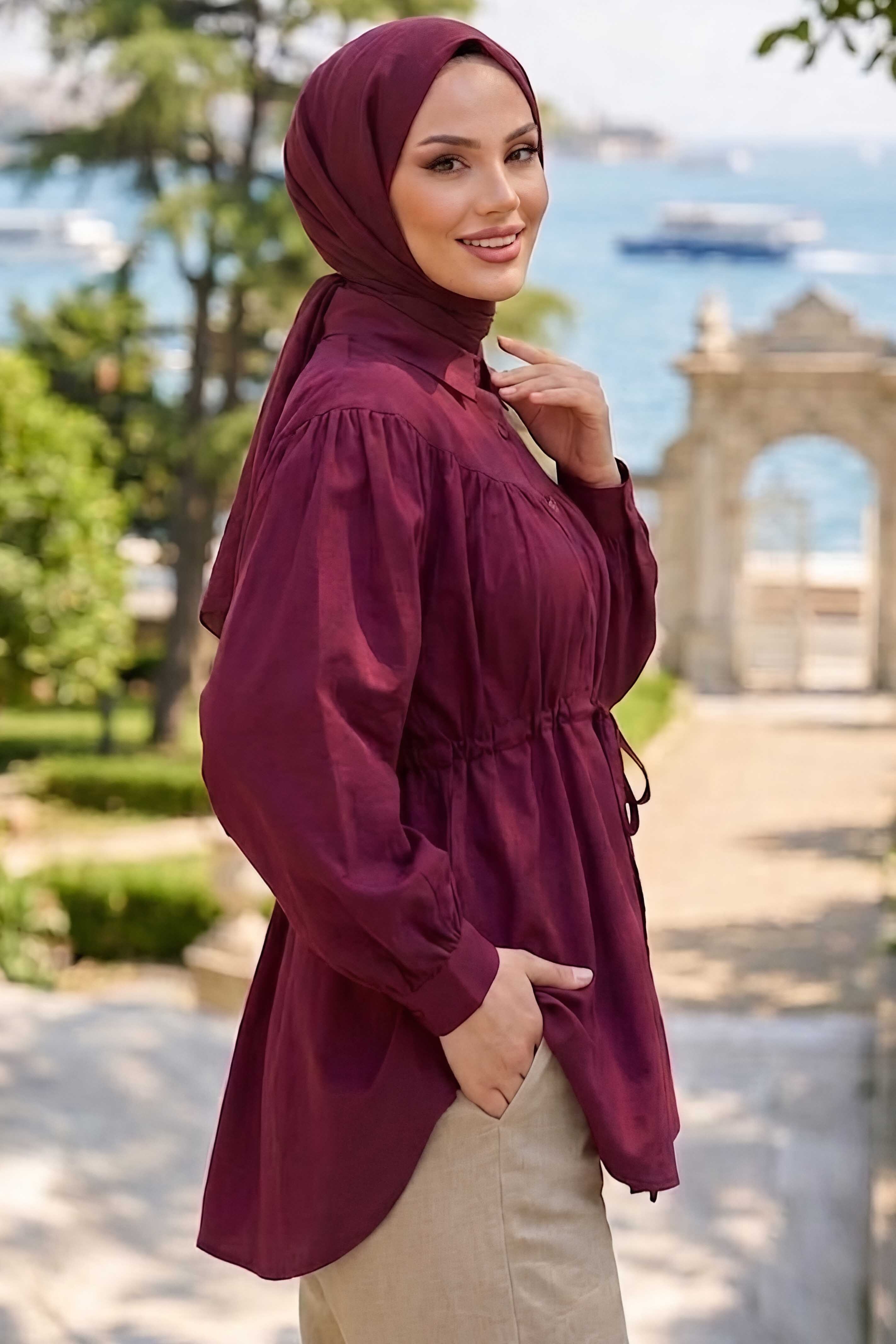 Poplin Tünelli Büzgülü Gömlek Bordo - 28698-BORDO - 2