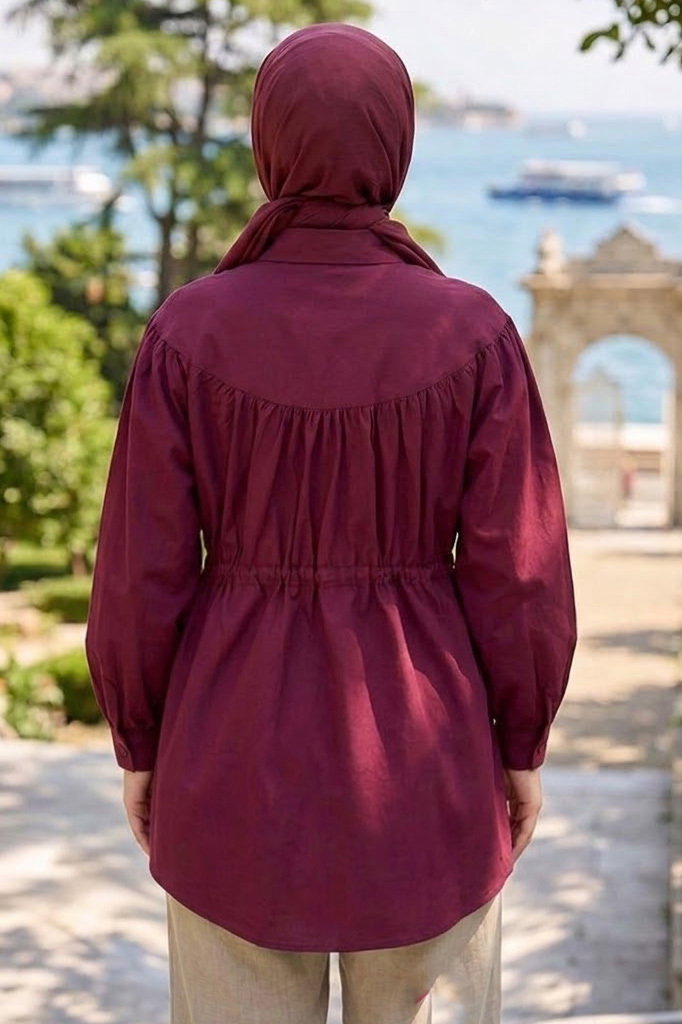 Poplin Tünelli Büzgülü Gömlek Bordo - 28698-BORDO - 3