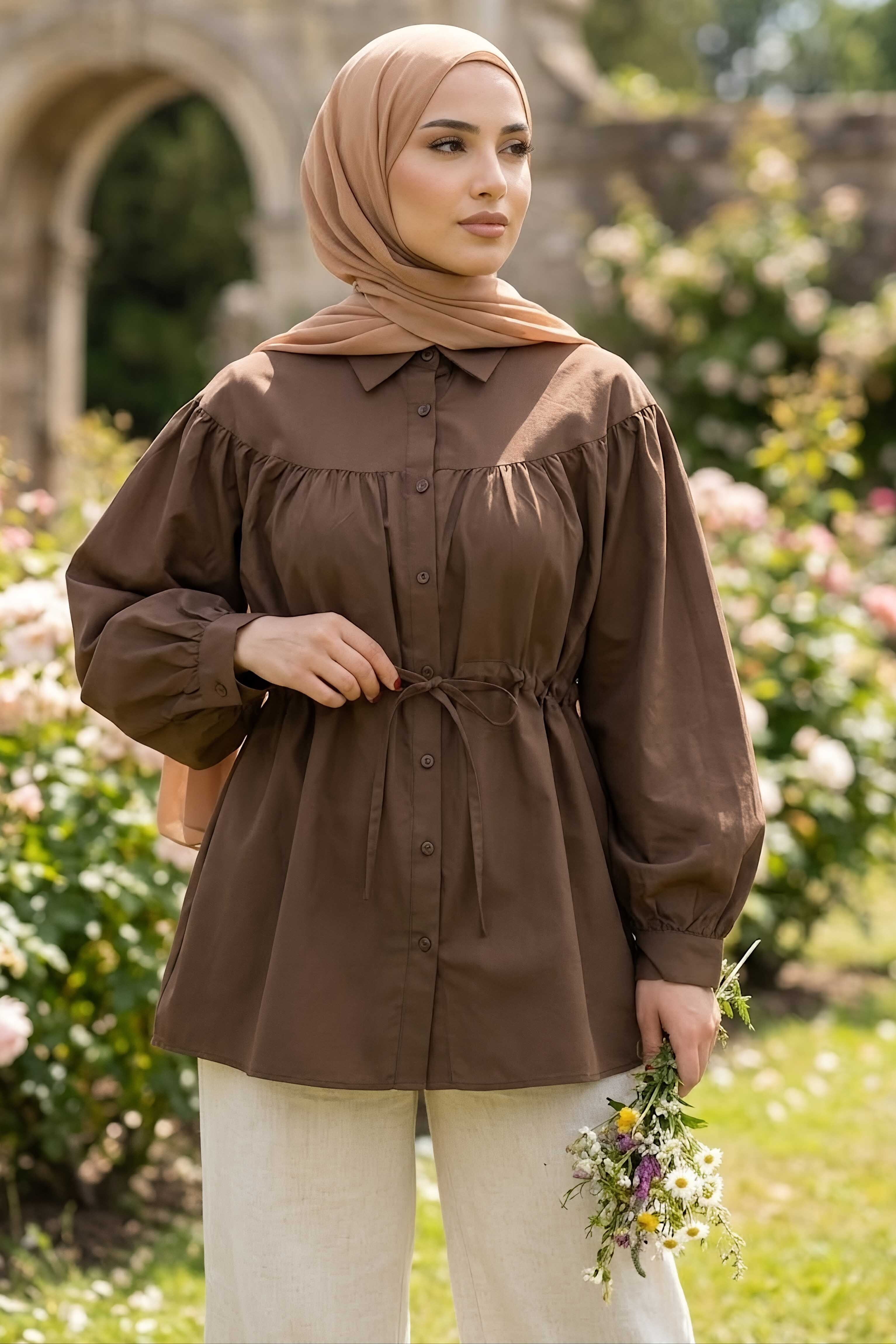 Poplin Tünelli Büzgülü Gömlek Kahve - 28698-KAHVE - 1