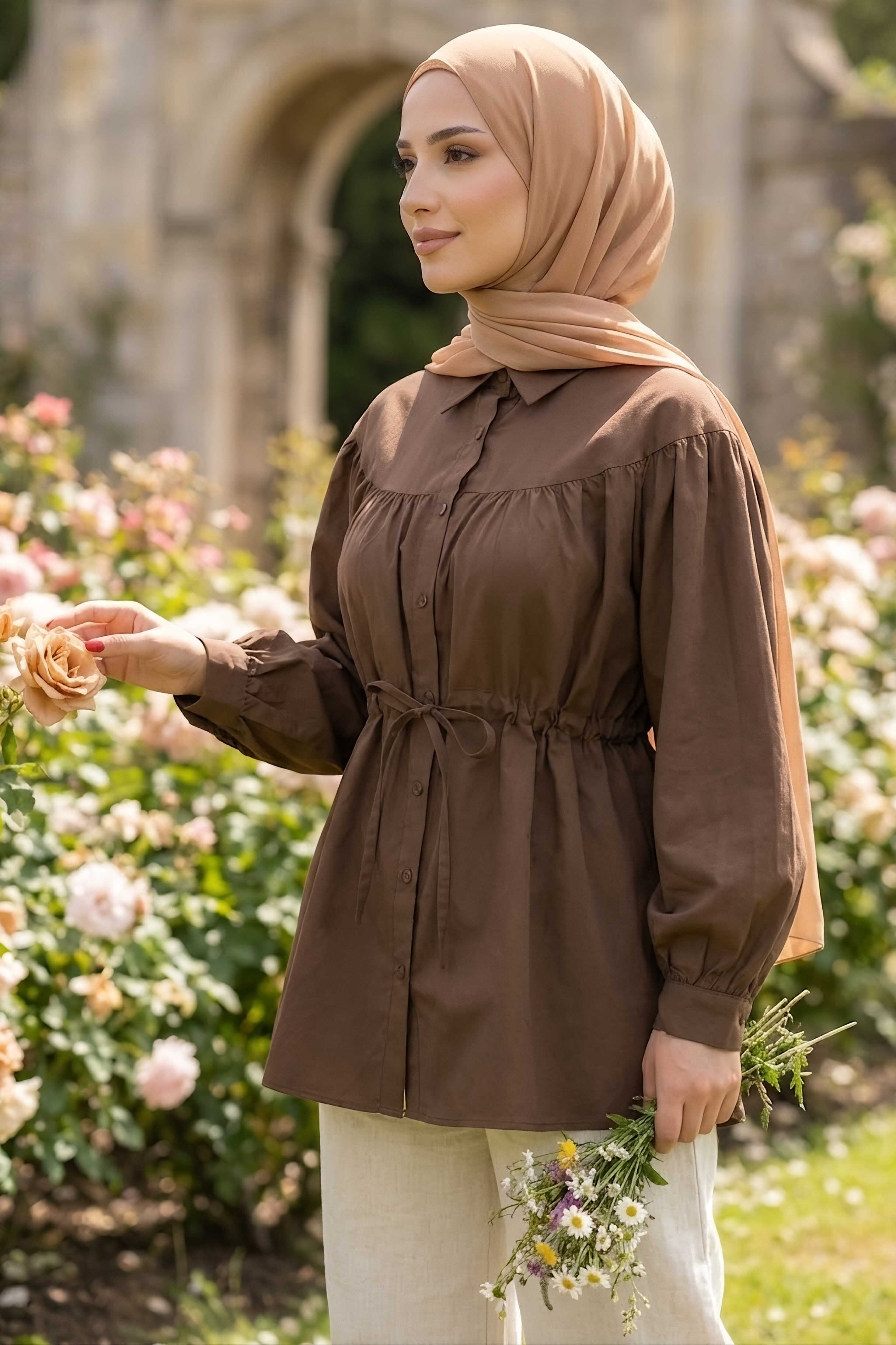 Poplin Tünelli Büzgülü Gömlek Kahve - 28698-KAHVE - 2