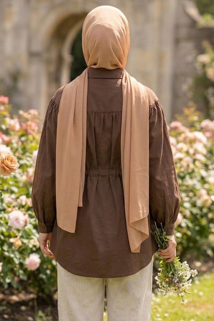 Poplin Tünelli Büzgülü Gömlek Kahve - 28698-KAHVE - 3