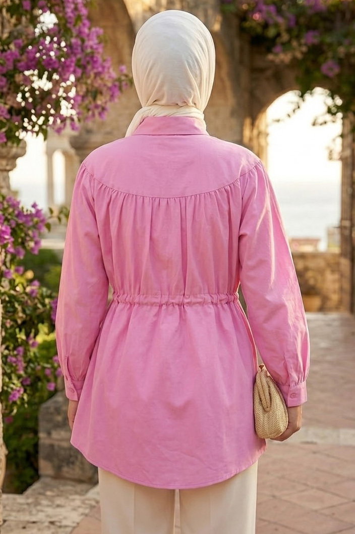 Poplin Tünelli Büzgülü Gömlek Pembe - 28698-PEMBE - 3
