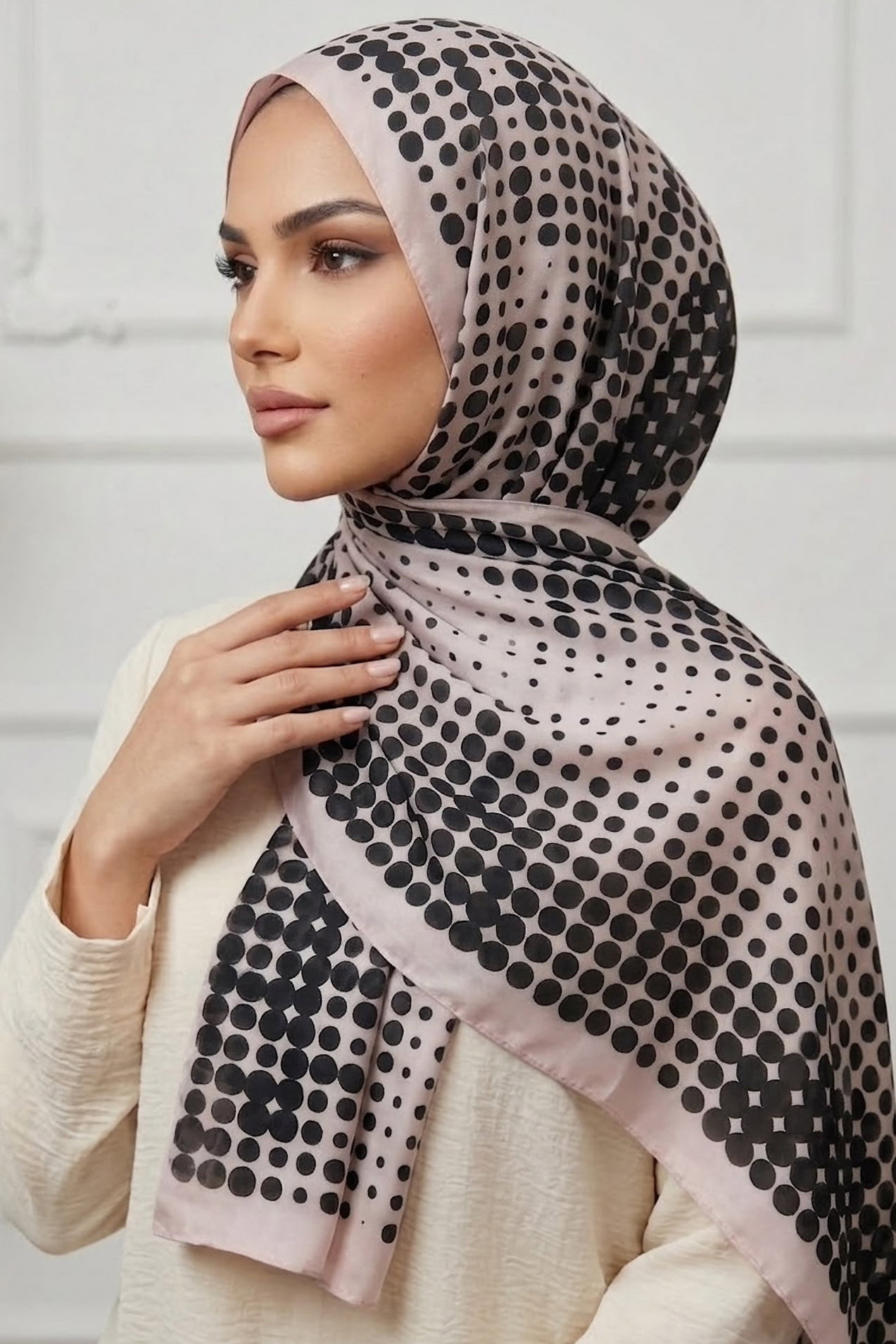 Puantiye Desen İtalyan İpek Şal Bej - 28758-BEJ - 2