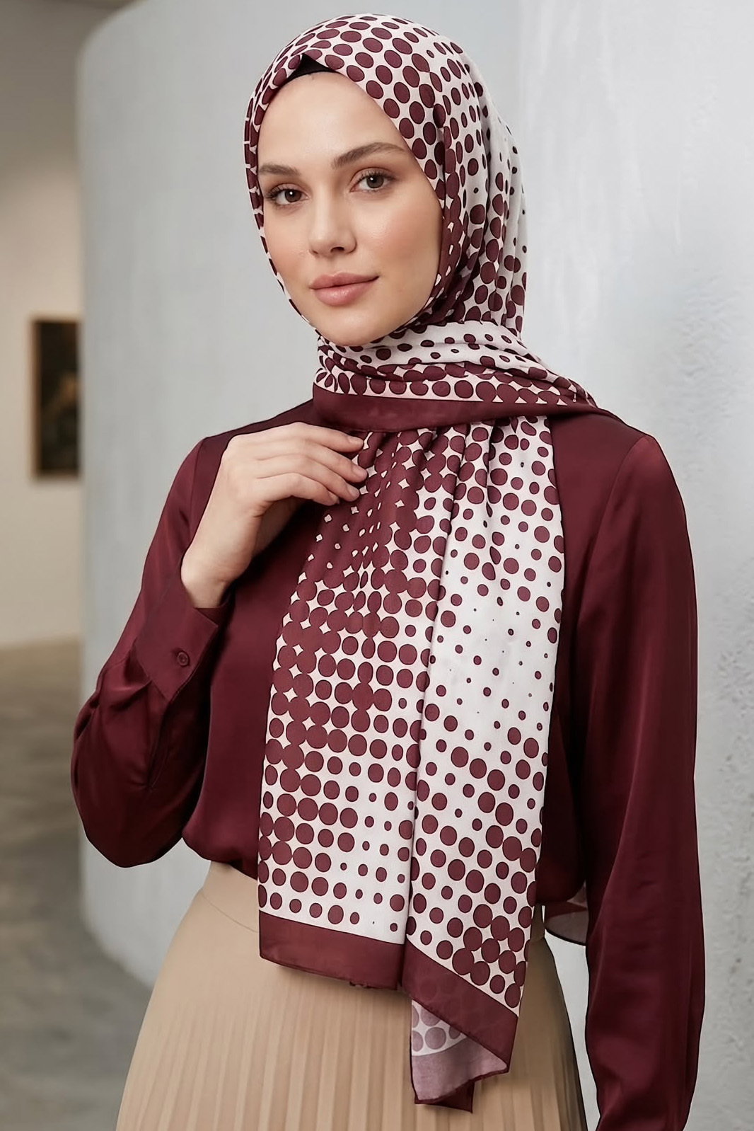 Puantiye Desen İtalyan İpek Şal Bordo - 28758-BORDO - 1