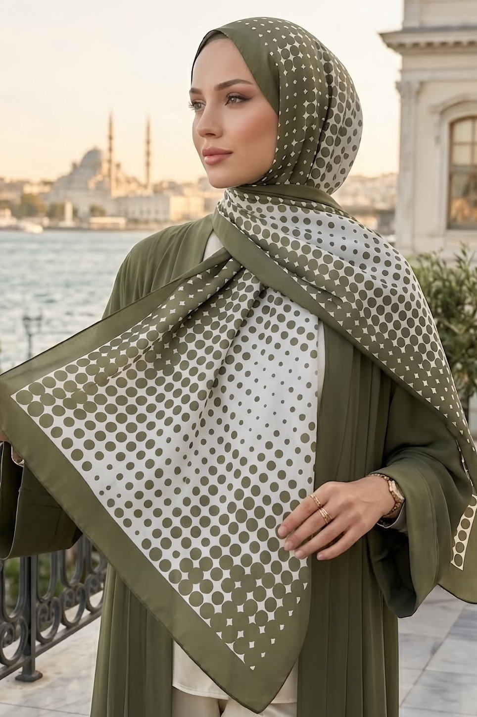 Puantiye Desen İtalyan İpek Şal Haki - 28758-HAKI - 1